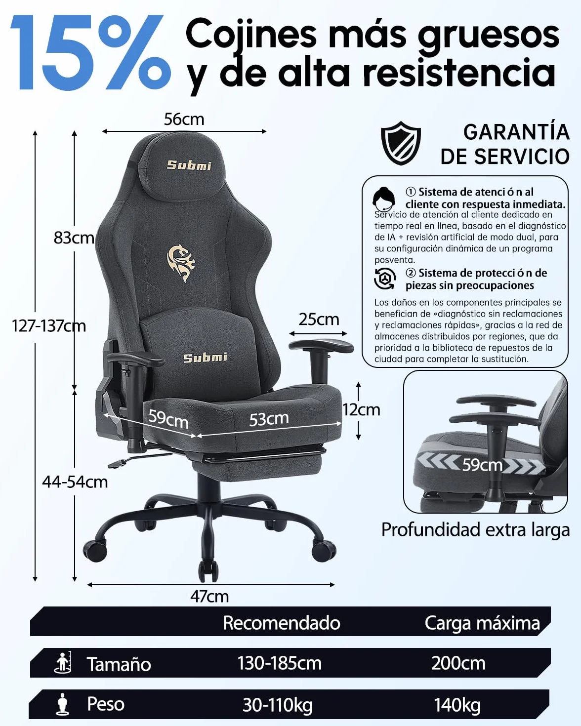 Silla Gaming Ergonómica Réglable Oficina Acolchada PC Gamer Adultos con Reposapiés Soporte Lumbar 150Kg Gris Oscuro