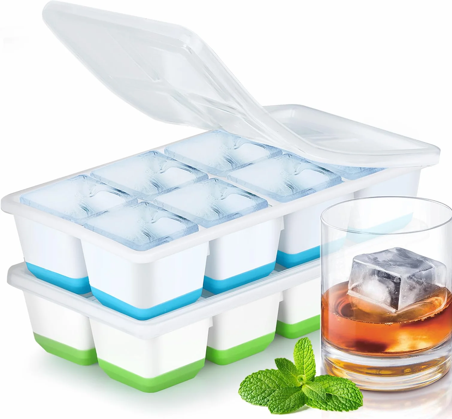 JRISBO Cubiteras para Hielo Grande 2 Piezas, Silicona con Tapa sin BPA Apilables Moldes de Hielo para Cóctel Whisky (Azul + Verde)