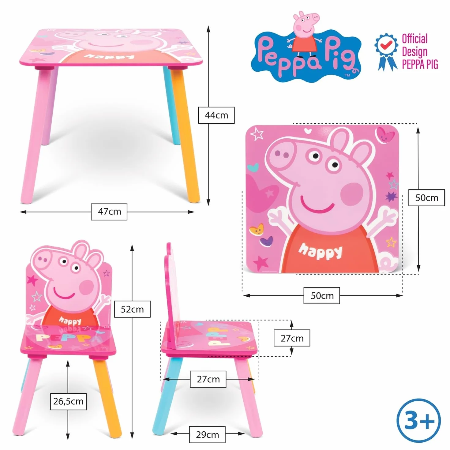 ARDITEX Set Mesa y 2 Sillas Madera Peppa Pig 50x50x44 cm Rosa