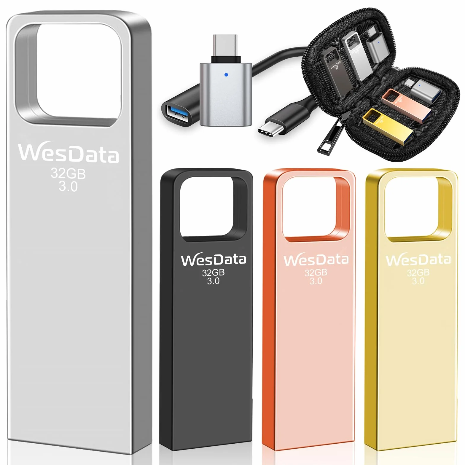 Unidad flash USB 3.0 de 32 GB, paquete de 4 unidades con adaptadores USB-C, mini diseño de metal, velocidad de lectura de 100 MB/s, funda de almacenamiento incluida, oro rosa, gris y plateado
