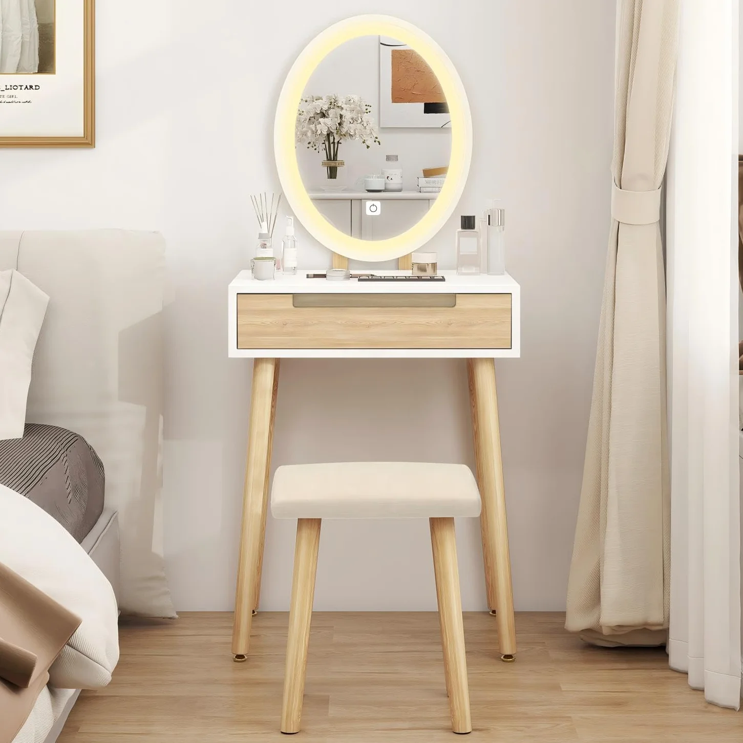 YU YUSING Tocador de Maquillaje con luz, 1 cajones, Organizador extraíble, Mesa cosmética con Taburete tapizado, para Dormitorio, vestidor，Moderno, Espejo Ovalado, Color de Madera