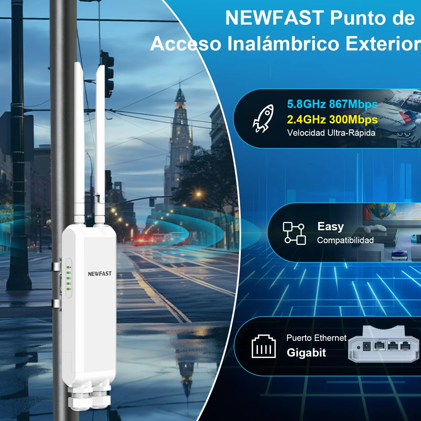 NEWFAST 1200Mbps Repetidor WiFi Exterior para Larga Distancia, 5.8Ghz/2.4Ghz, IP66 Impermeable Amplificador WiFi Exterior Doble Banda, Soporte PoE, WPA2, Punto de Acceso Exterior