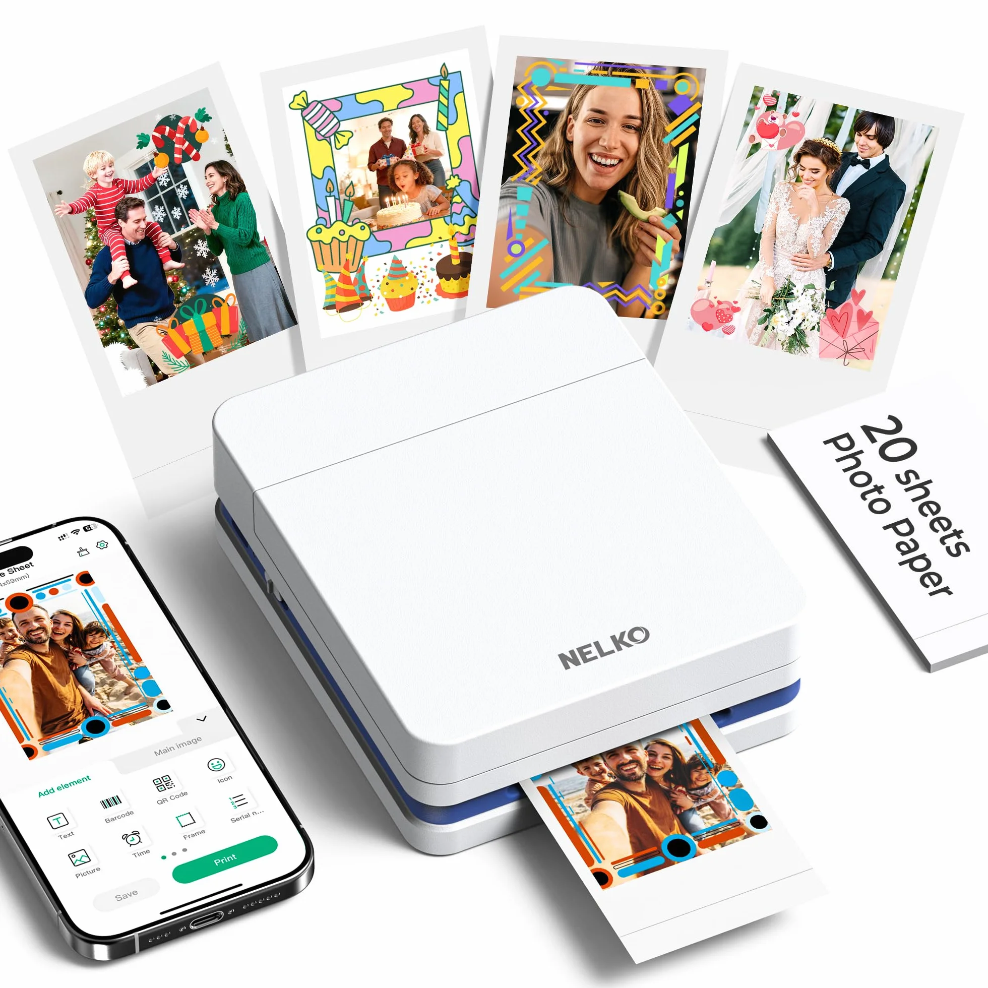 Nelko PP01 Impresora Fotos Movila, Mini Impresora Portátil a Color, Impresora Instantánea de Pegatinas para Smartphones iOS/Android con App de Edición, Blanco
