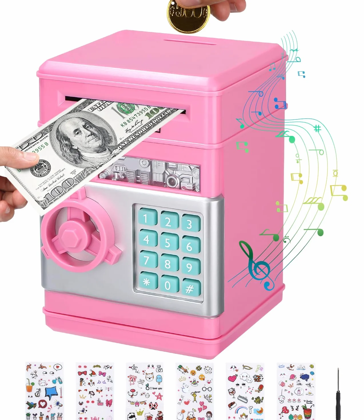 Caja Fuerte Niños,Hucha electrónica,Hucha Cajero Automatico,con Bloqueo de Contraseña & Automático de Dinero,Juguete Divertido Regalo Hucha Caja Fuerte para Monedas y Billetes Rosa
