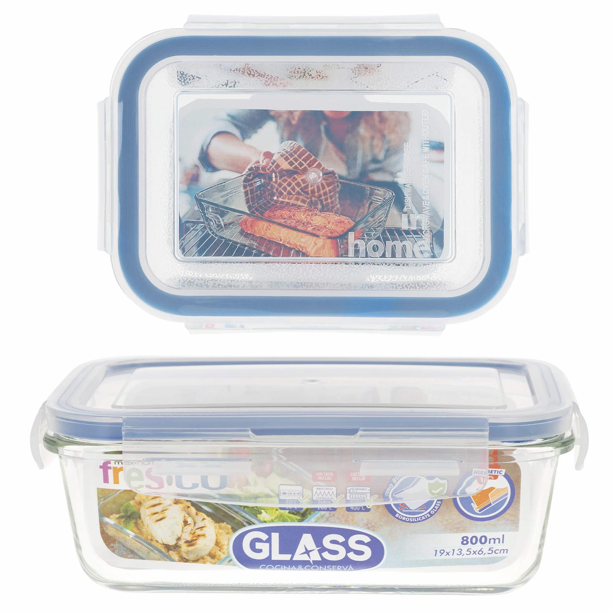 Pack 6 Recipientes Herméticos de Vidrio, táper Cristal Apto para Microondas, 800 ml, Envases para Comida con Cierre