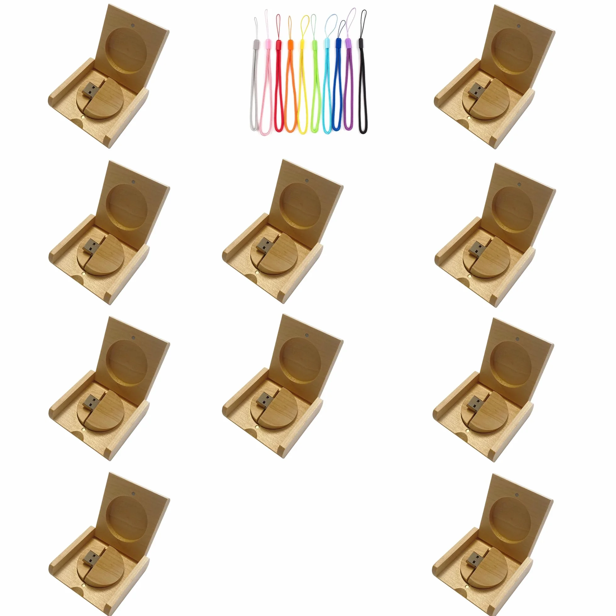 Memoria USB circular de madera de arce con caja de madera (USB 2.0/4GB, 10 unidades)