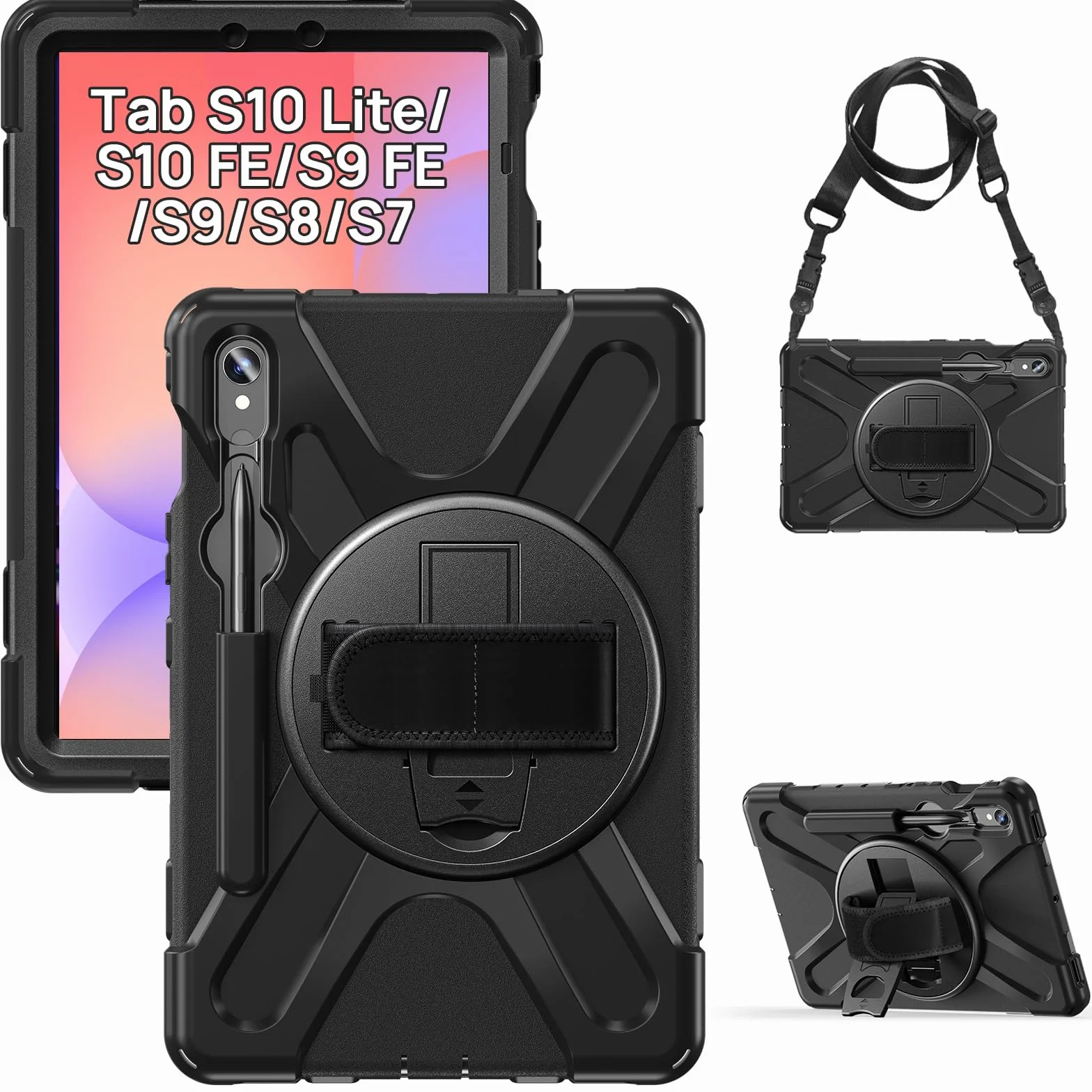Gerutek Funda Anticaída para Samsung Galaxy Tab S10 Lite 10.9 Pulgadas/Tab S10 FE/Tab S9 FE/S9 11" (2025/2023), Carcasa Rugosa con Soporte 360° Giratorio, Correa de Mano/Hombro, Portalápices, Negro