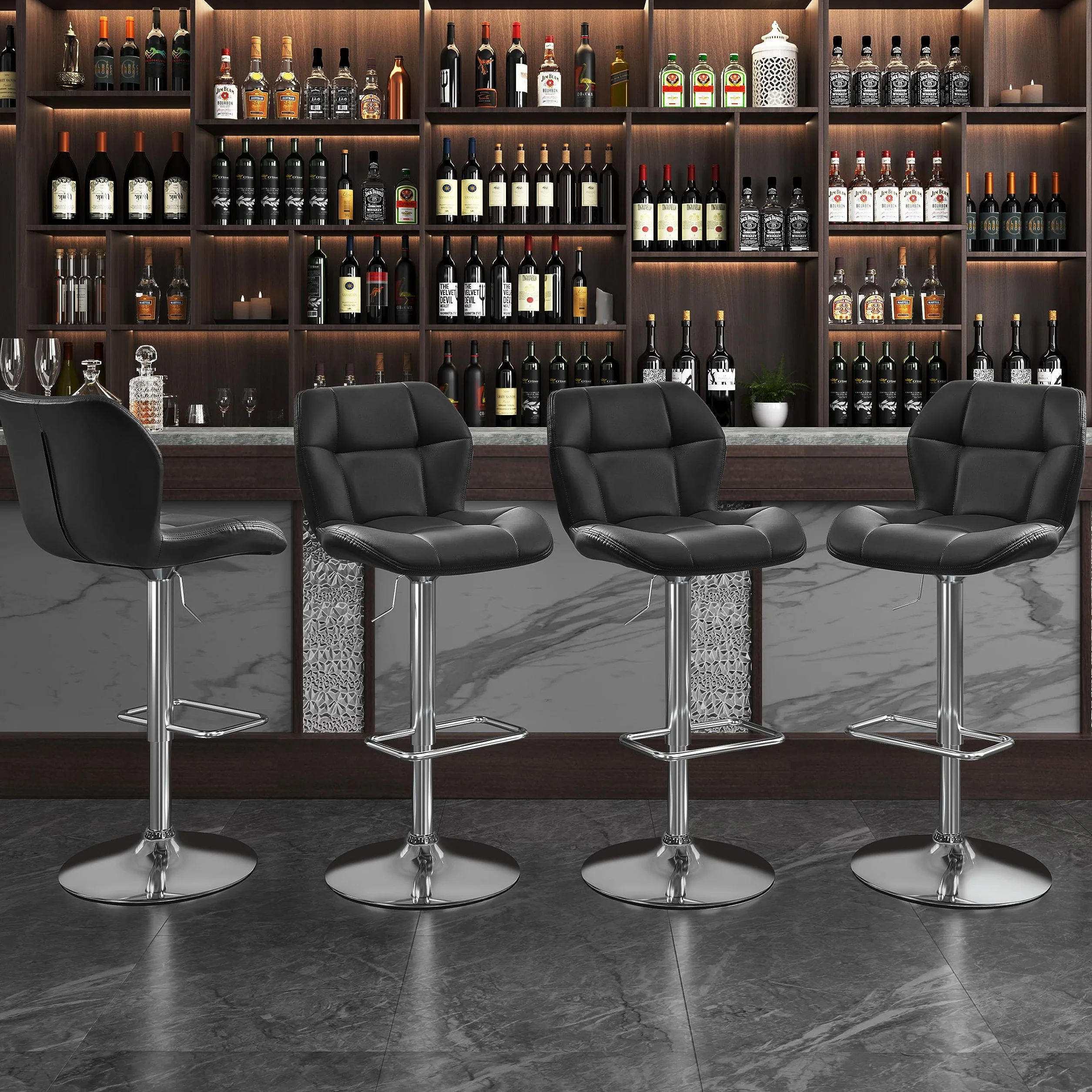 Yaheetech Juego de 4 Taburetes de Bar Altos de Cocina de Polipiel, Altura Ajustable, Giratorio 360° con Respaldo y Reposapiés, Negro