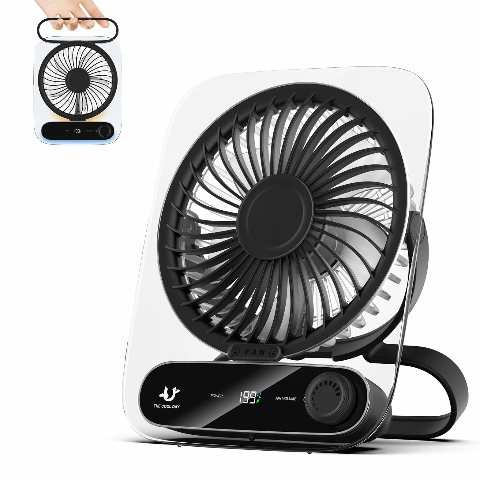 Simpeak Ventilador de Mesa, 199 Velocidades Pequeño Ventilador de Sobremesa Portatil, Batería Recargable por USB de 3000 mAh, Silencioso Fan con LED Luz para Hogar Oficina Camping - Negro