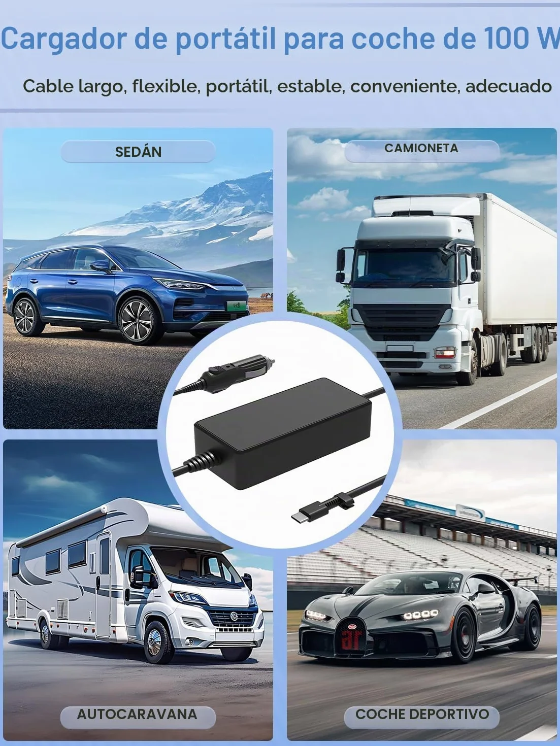 USB C 100W 12V Cargador Compatible con Automóvil Lenovo/HP/DELL/Acer/ASUS/MacBook/Samsung/MSI/LG Surface Pro 11 10 9 8 7+ Google Chromebook Laptop iPad ROG Ally Legion Go Otros Dispositivos