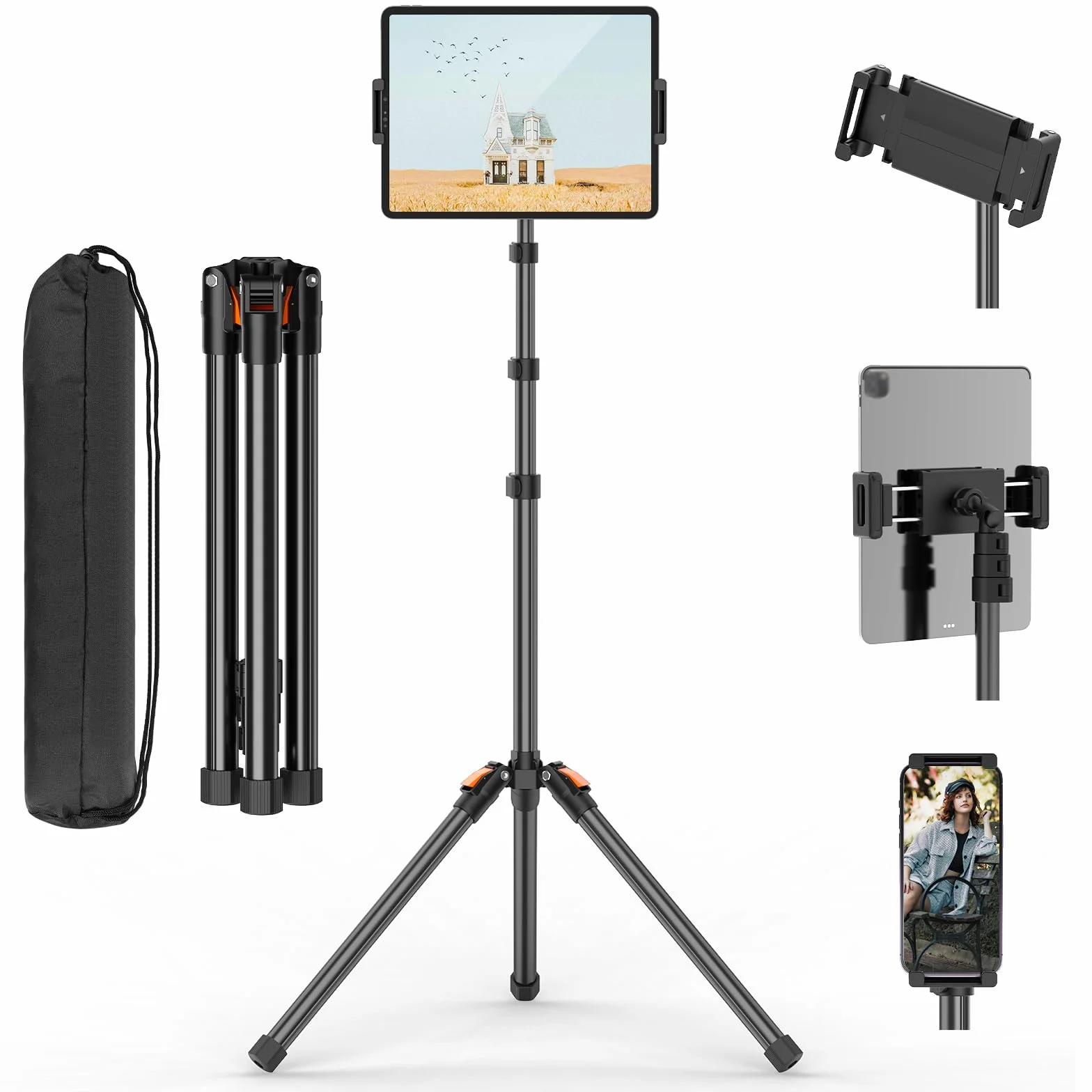 XXZU 182cm Soporte para Tableta y Teléfono, Soporte de Suelo para Tableta Giratorio de 360° Trípode para Tablet Ajustable en Altura Plegable Inverso Compatible con Tablet y Teléfon