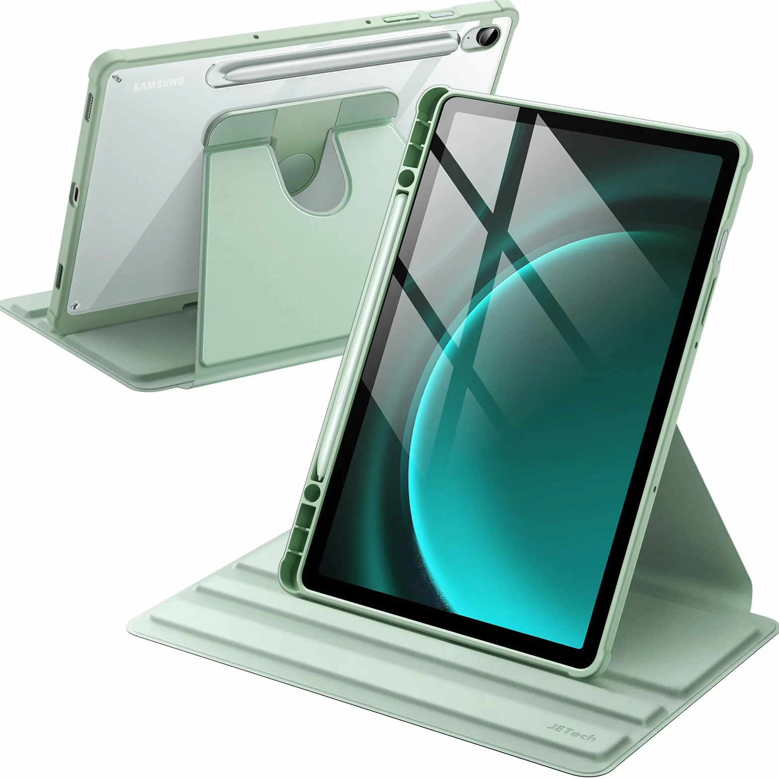 JETech Funda Giratoria para Samsung Galaxy Tab S10 Lite / S10 FE / S9 FE 10,9 Pulgadas / S9 11 Pulgadas con S Pen Soporte, Carcasa Soporte Rotación de 360 Grados Protectora Respaldo Clara (Menta)
