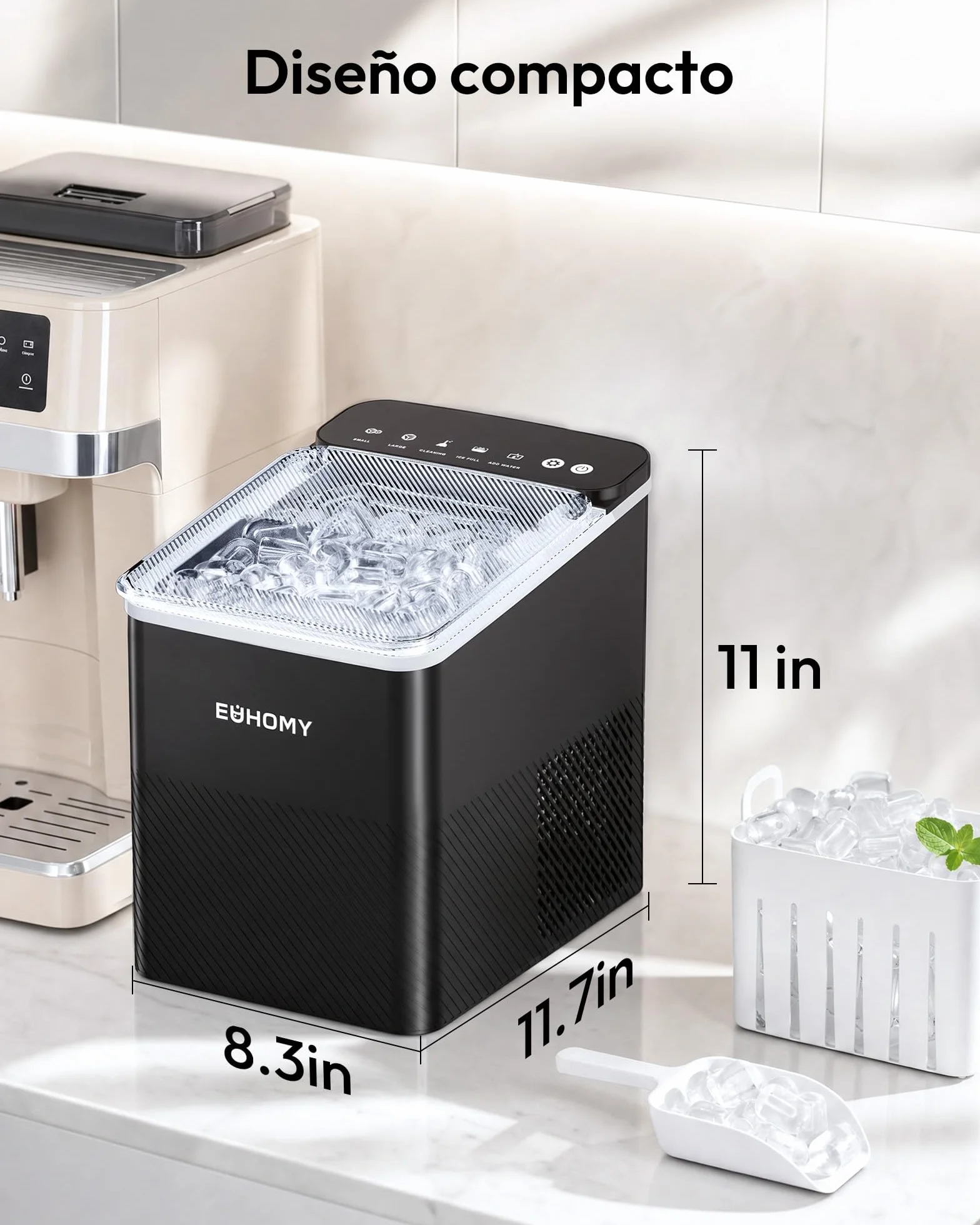 EUHOMY Máquina de hielo compacta, 9 cubitos, 2 tamaños, limpieza automática, negro