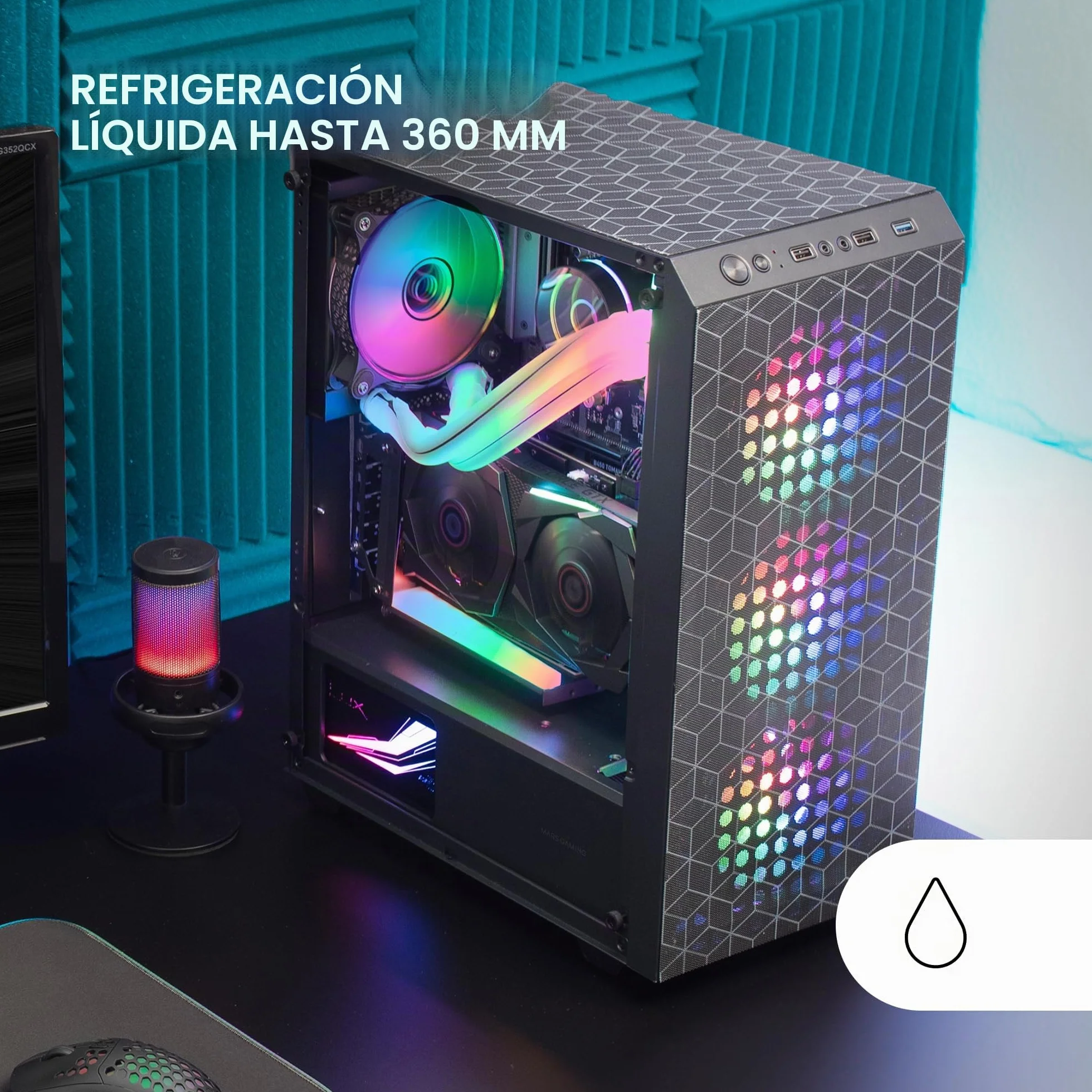 Mars Gaming MC-mag, Caja Gaming ATX, Ventana Lateral Completa Cristal Templado, Doble Rejilla Magnética Antipolvo Frontal + Superior, 3X Ventiladores FRGB 120mm, Refrigeración Líquida 360mm, Negro