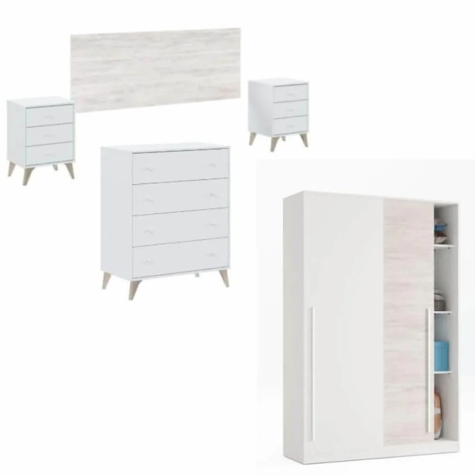 Mobelcenter, Conjunto Dormitorio Sweet, Color Blanco Artik y Blanco Velho, Cabezal para Camas de 135 y 150 cm, 2 Mesitas de 3 cajones, Armario 2 Puertas Correderas y Cómoda de 4 cajones (P0077)