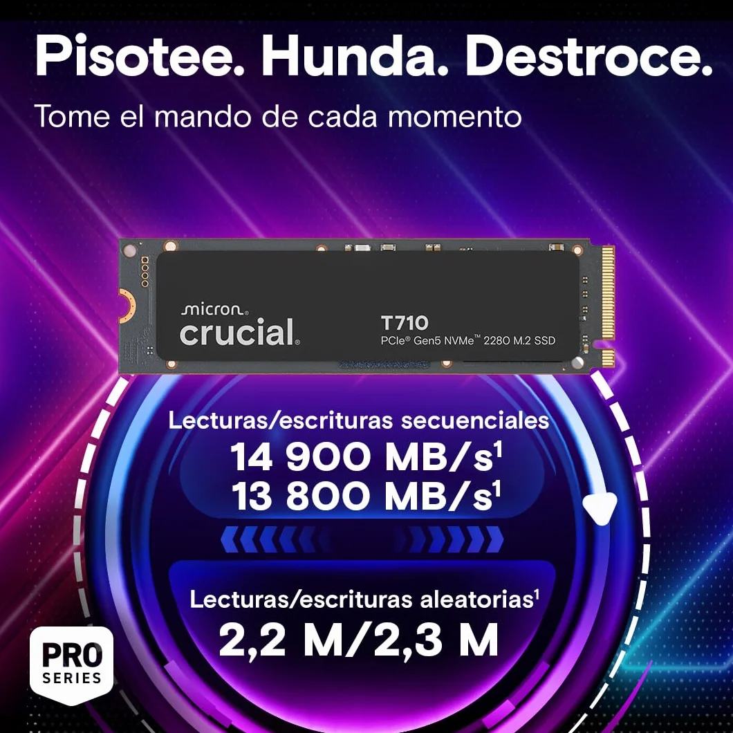 Crucial T710 SSD 1TB PCIe 5.0 x4 Gen5 NVMe M.2, Velocidades de Lectura hasta 14900 MB/s, Escritura 13700 MB/s, Ordenador Portátil y de Sobremesa, TLC NAND - CT1000T710SSD8-01