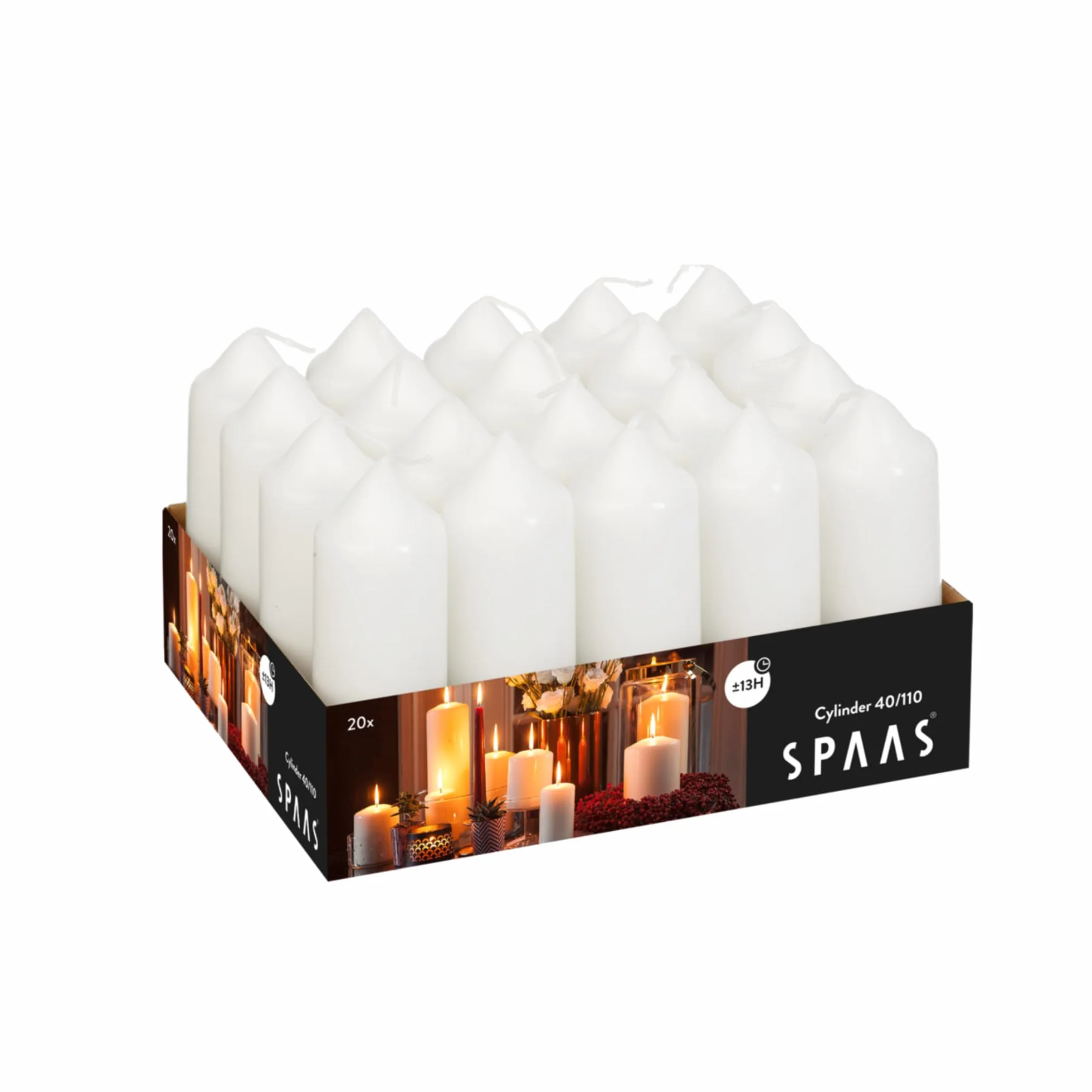 Spaas Bandeja de 20 velas de pilar sin perfume de 40/110 mm, 13 horas, color blanco