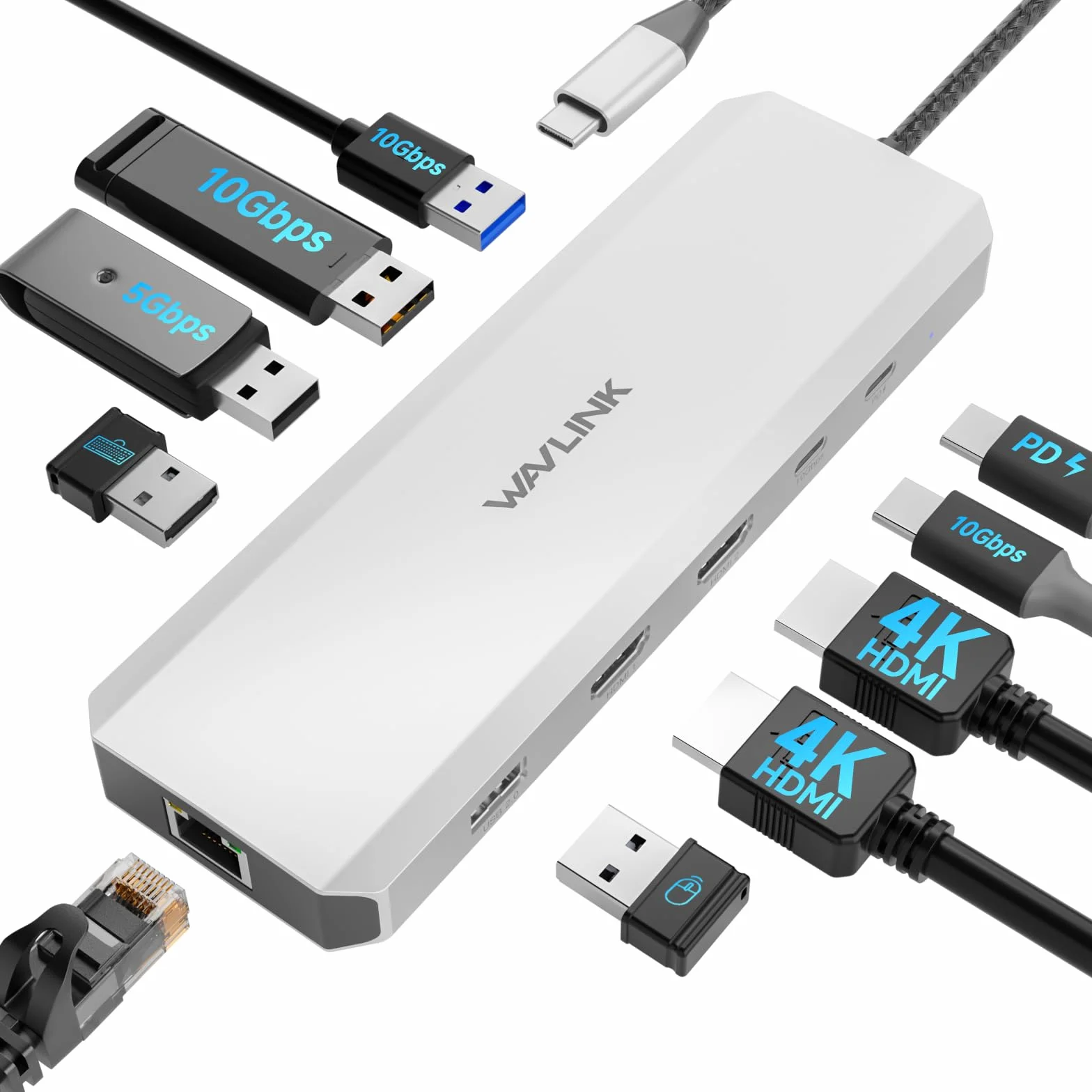 WAVLINK Estación de Acoplamiento para Laptop, concentrador USB C de 10 G con HDMI Dual, 100 W, USB-A/C 3.2 de 10 Gbps/5Gbps/Versión de actualización 2.0, Gigabit Ethernet para DELL/HP/Lenovo, etc., | Una sola salida 4K@60Hz, entrada de 100 W, 3 puertos US