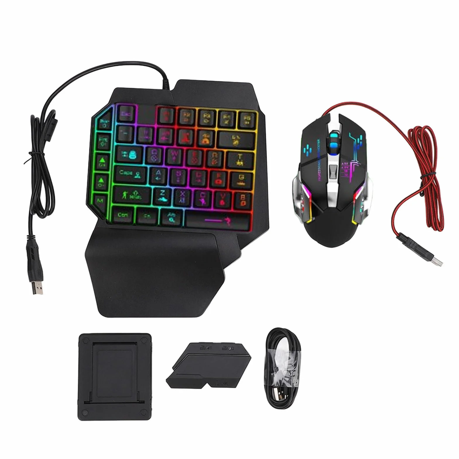 Garsent Combo de Conversor y Teclado para Juegos RGB, Adaptador de Mouse y Teclado para Juegos Móviles con una Sola Mano, Paquete Combinado de Juegos Móviles 4 en 1, Juego de Soporte