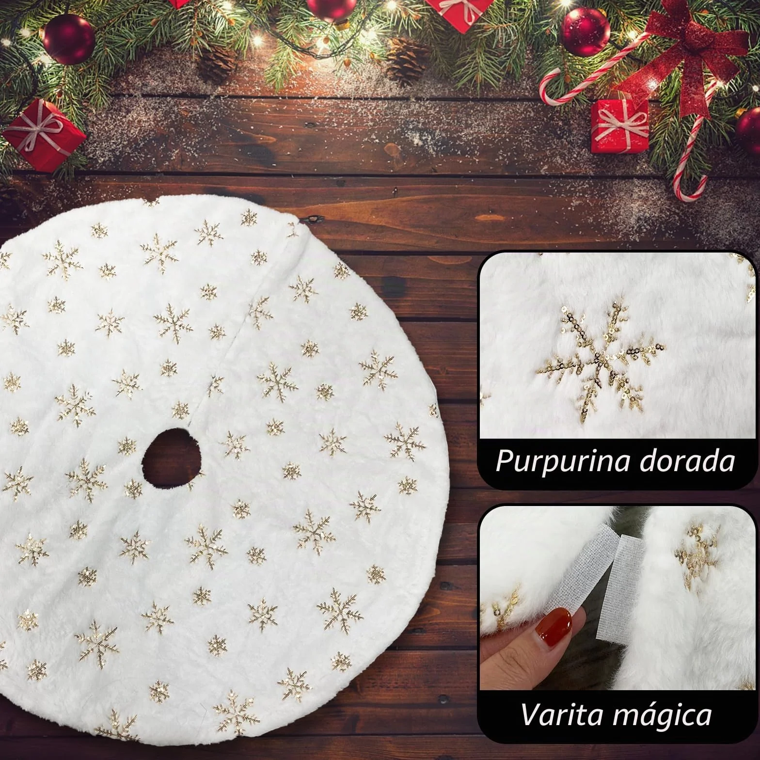 Falda del árbol de Navidad 90cm Doble Capa de Felpa Blanco Estampado Copo de Nieve Oro Decoración Navidad