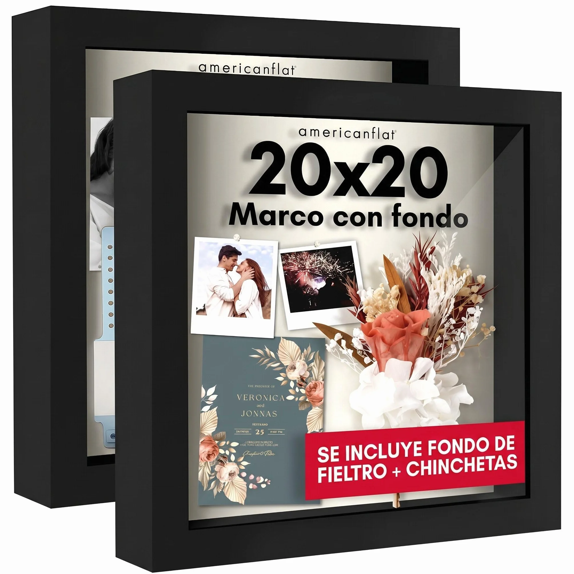 Americanflat 20x20 cm Marco con Profundidad - Pack de 2 - Negro Marco de Fotos de Madera con Cristal Irrompible, Parte Trasera de Lino Suave y Accesorios para Colgar