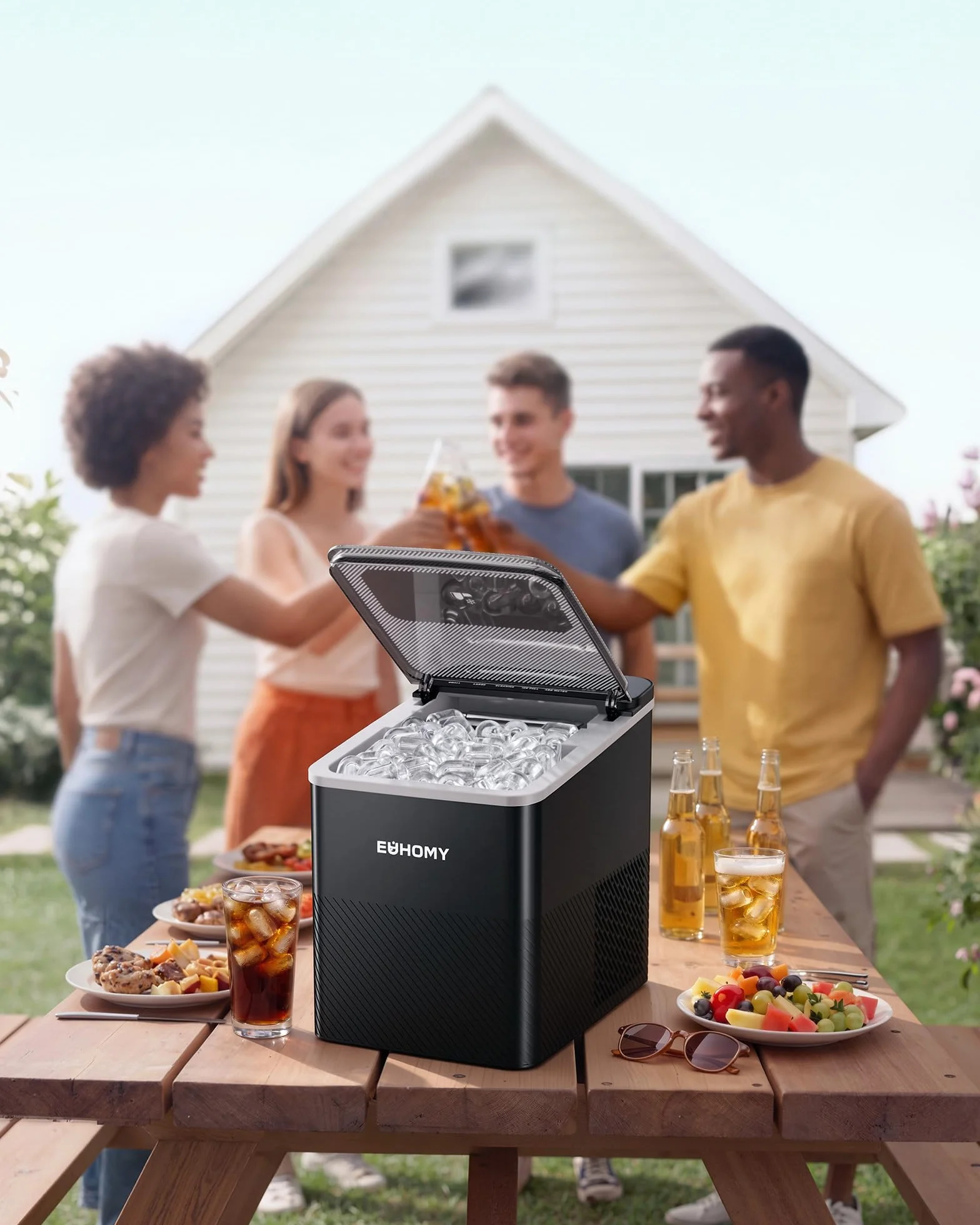 EUHOMY Máquina de hielo compacta, 9 cubitos, 2 tamaños, limpieza automática, negro