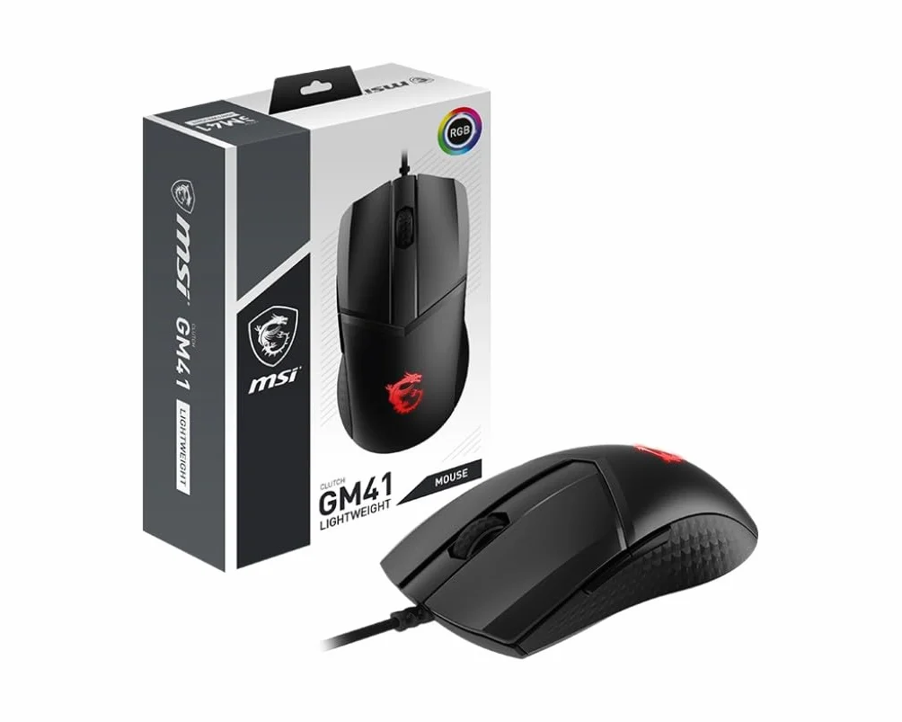 MSI Clutch GM41 Lightweight - Ratón Gaming (16000 dpi, RGB, 6 Botones, 2m FriXionFree Cable Trenzado, Diseño Simétrico) Negro
