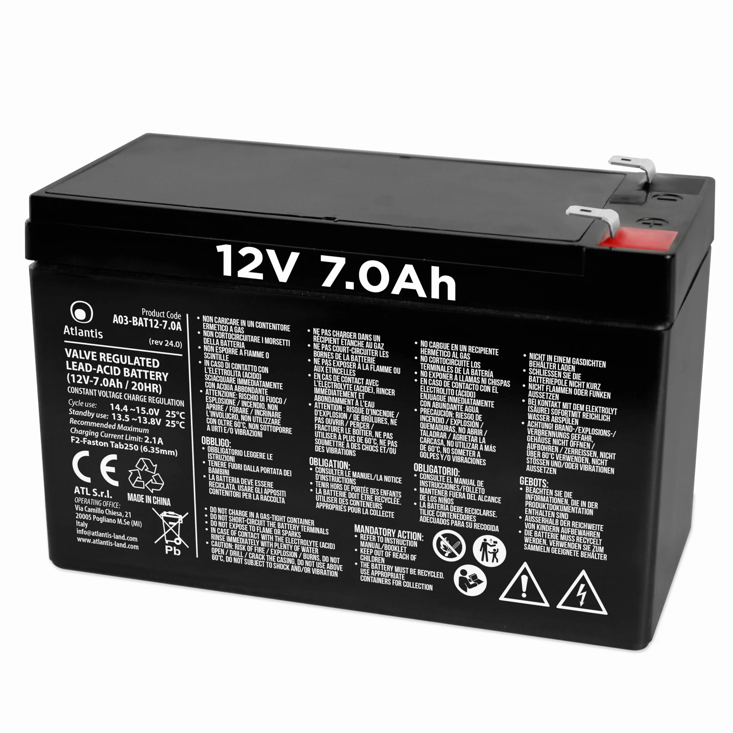 Atlantis batería de Plomo hermética (VRLA) 12 V 7 Ah, para Sistemas de alimentación ininterrumpida (SAI), videovigilancia, Alarma, Movilidad eléctrica, Juguetes, faston F2 6,3 mm, A03-BAT12-7.0A