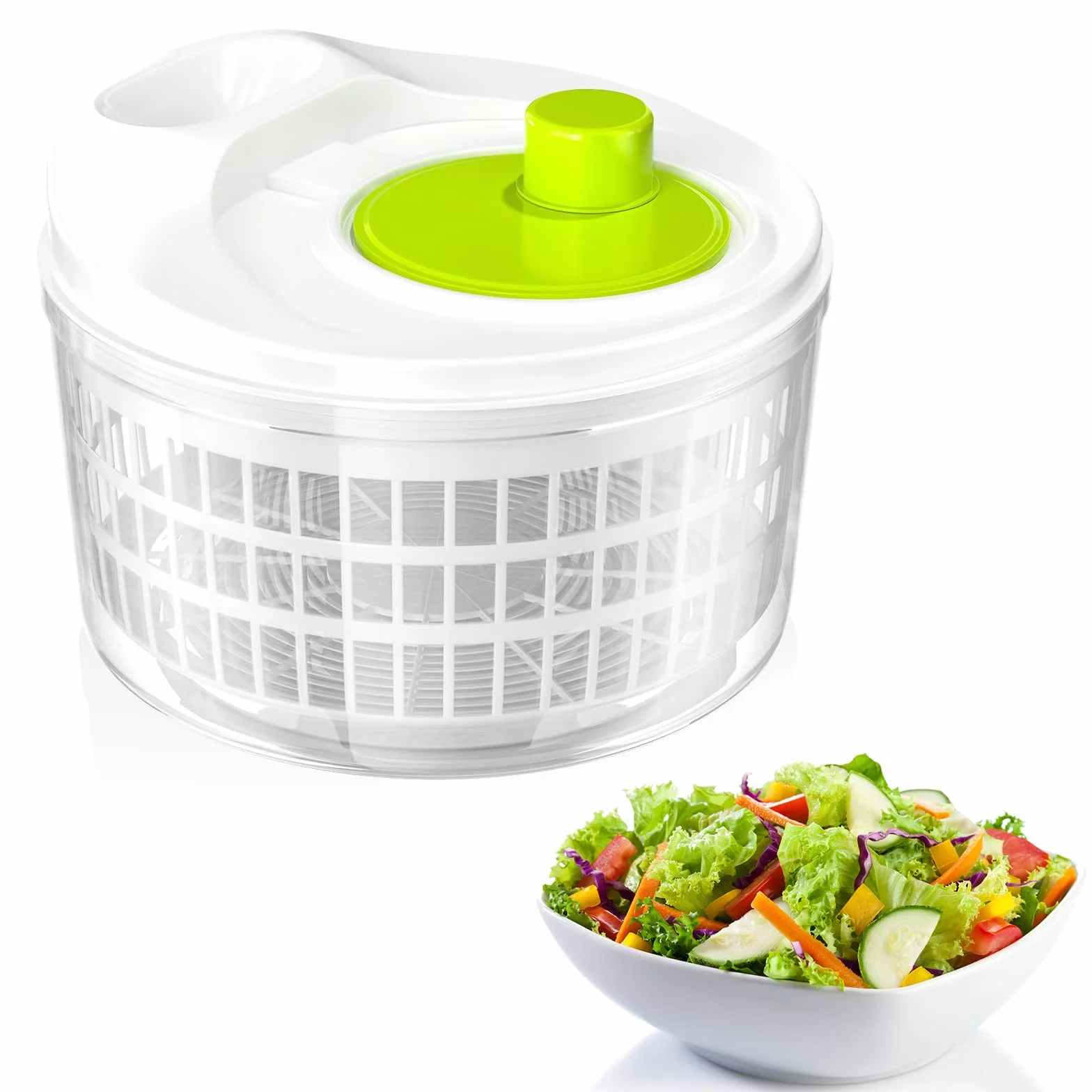 Newaner Centrifugadora de Lechuga, Centrifugadora Manual, Escurridor de Cocina con Tapa y colador Interior, Salad Spinner, Capacidad: 3L 22.5CM*15CM (Blanco/Verd)
