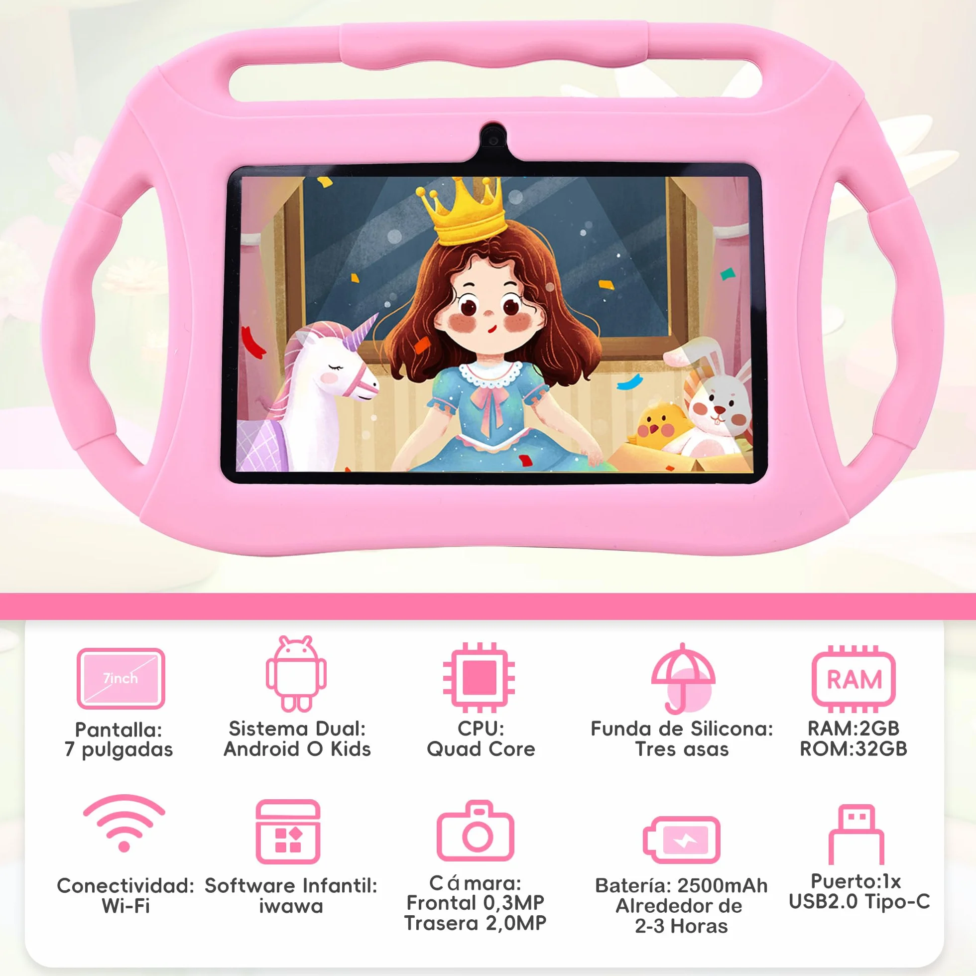 Veidoo Android Tablet para niños, 7 Pulgadas HD Tablet Infantil, 2GB RAM 32GB ROM, WiFi, Cámara Dual con Estuche, Control Parental, Juegos Educativos, Protección para Los Ojos(Rosa)