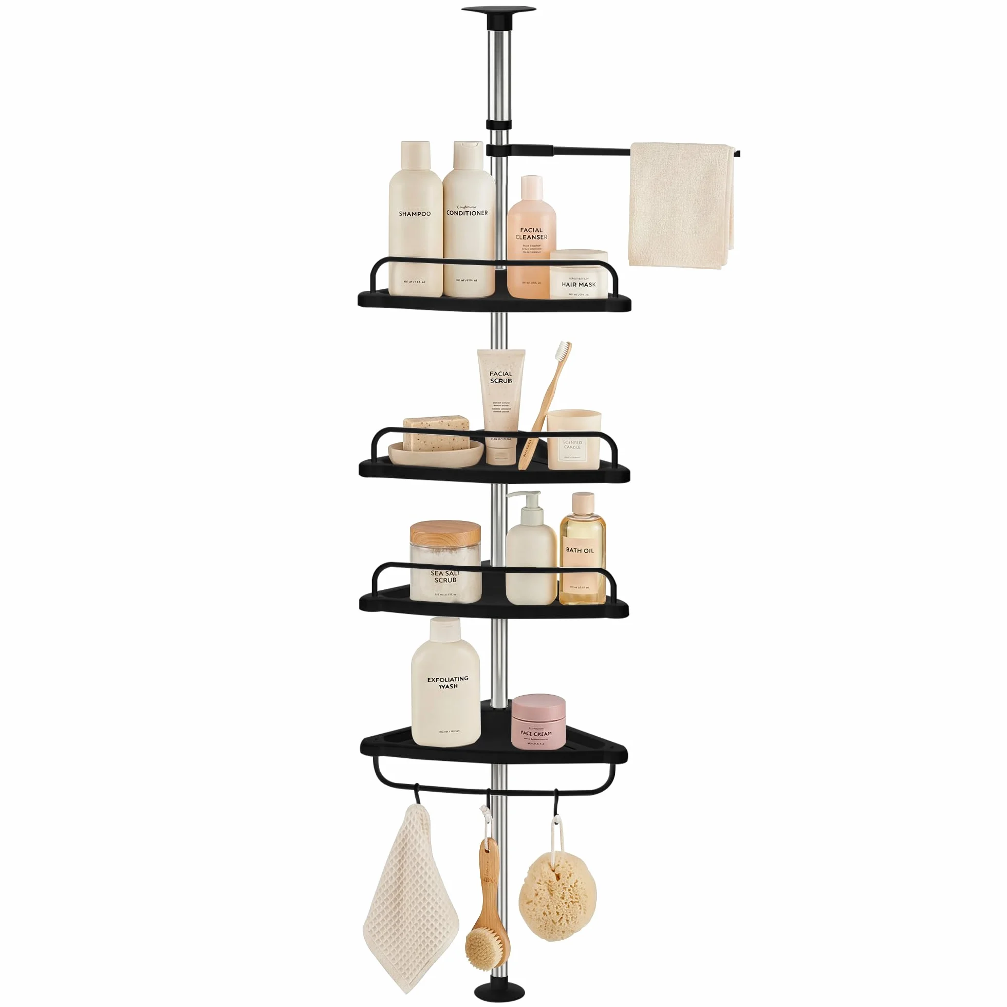 Estanteria Telescopica de Baño Altura Ajustable 254cm Esquinero Plástico Metal sin Taladro 4 Baldas Negro