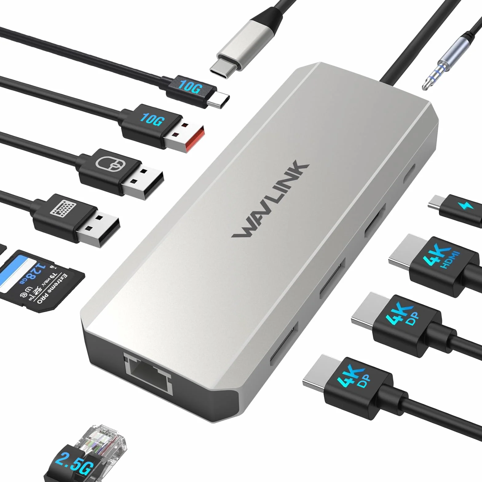WAVLINK Estación de Acoplamiento para portátil, Displayport Docking Station con Dual DP, HDMI, 100W PD IN, 10Gbps USB A/C, Puerto 2.5G Ethernet para DELL/HP/Lenovo etc.