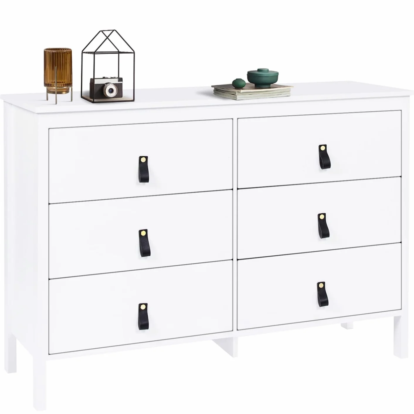 IDMarket Milano - Cajonera 6 cajones 115 cm, madera blanca con asa Lengüeta negra