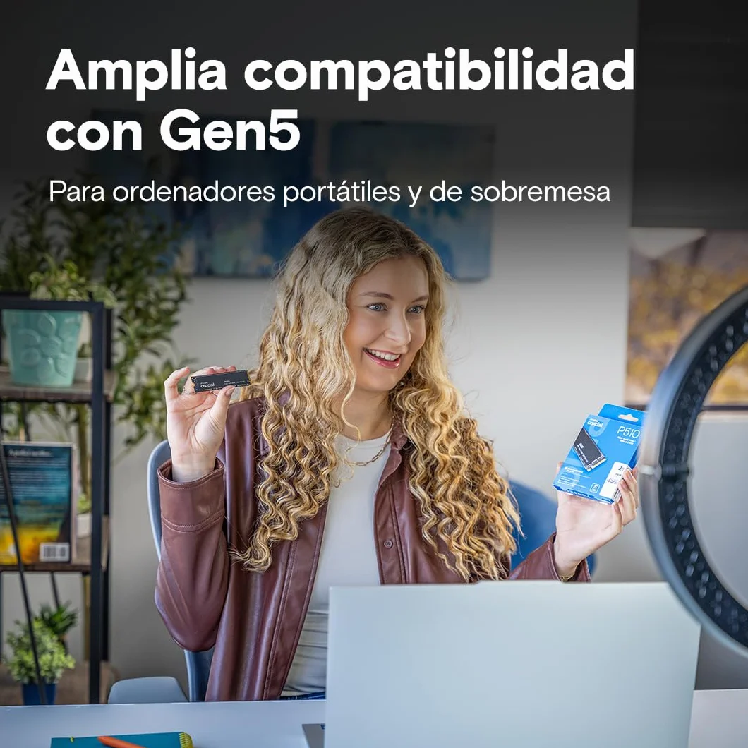 Crucial P510 SSD 1TB PCIe 5.0 x5 Gen5 NVMe M.2, Velocidades de lectura hasta 11.000 MB/s, escritura 9.500 MB/s, Ordenador Portátil y de Sobremesa, TLC NAND, Disco Duro Interno- CT1000P510SSD8-01