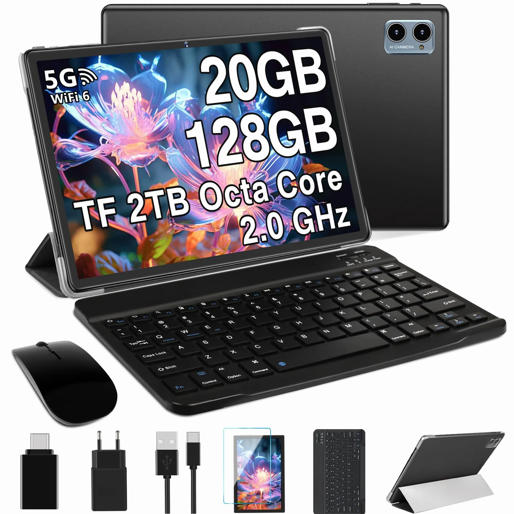 Tablet Android 10 Pulgadas 20GB RAM 128GB ROM Octa-Core 2.0 GHz WiFi 6 Bluetooth 5.0 Batería 6000mAh Negro