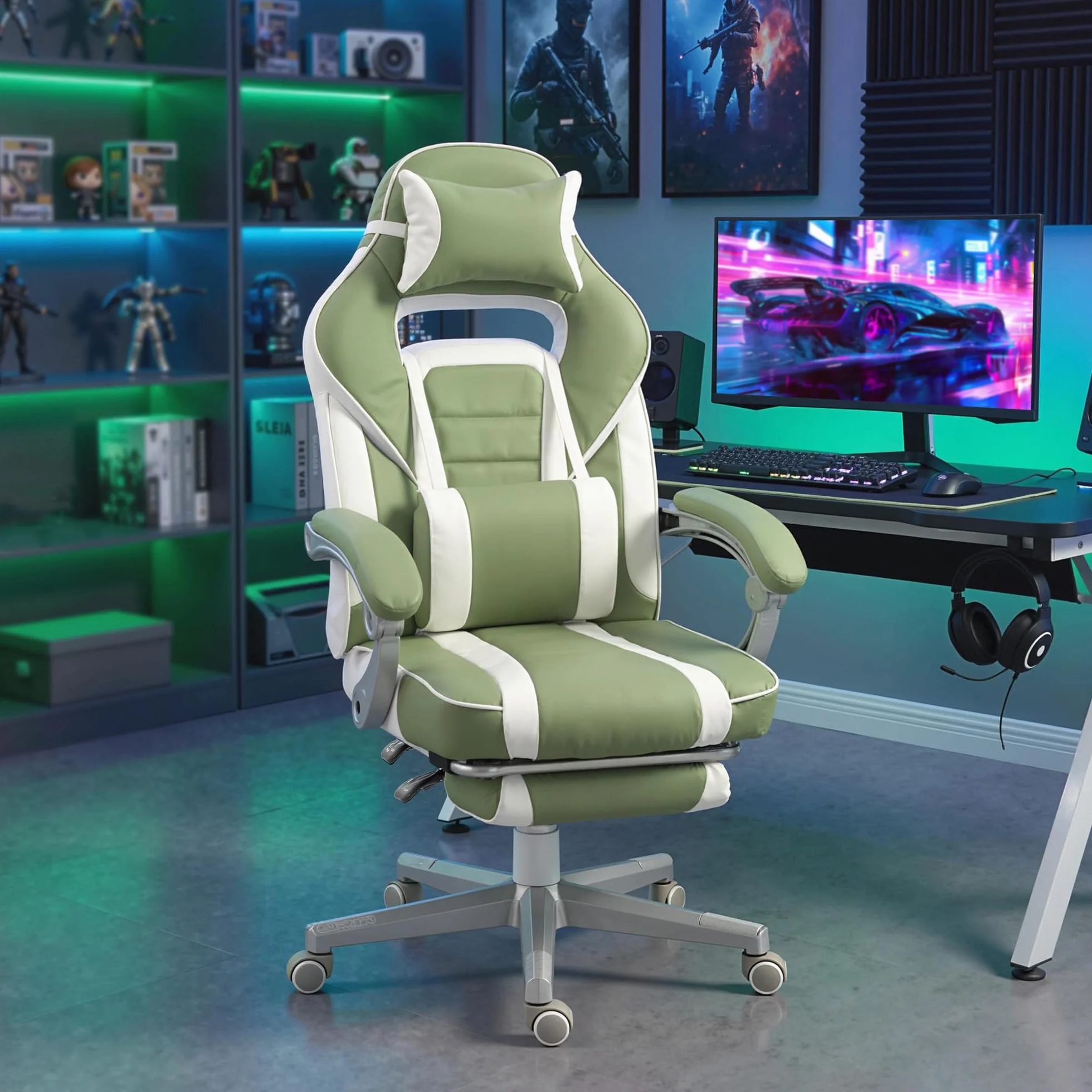 HOMCOM Silla Gaming Reclinable Altura Ajustable Reposapiés Retráctil Soporte Lumbar Reposacabezas Desmontable Verde