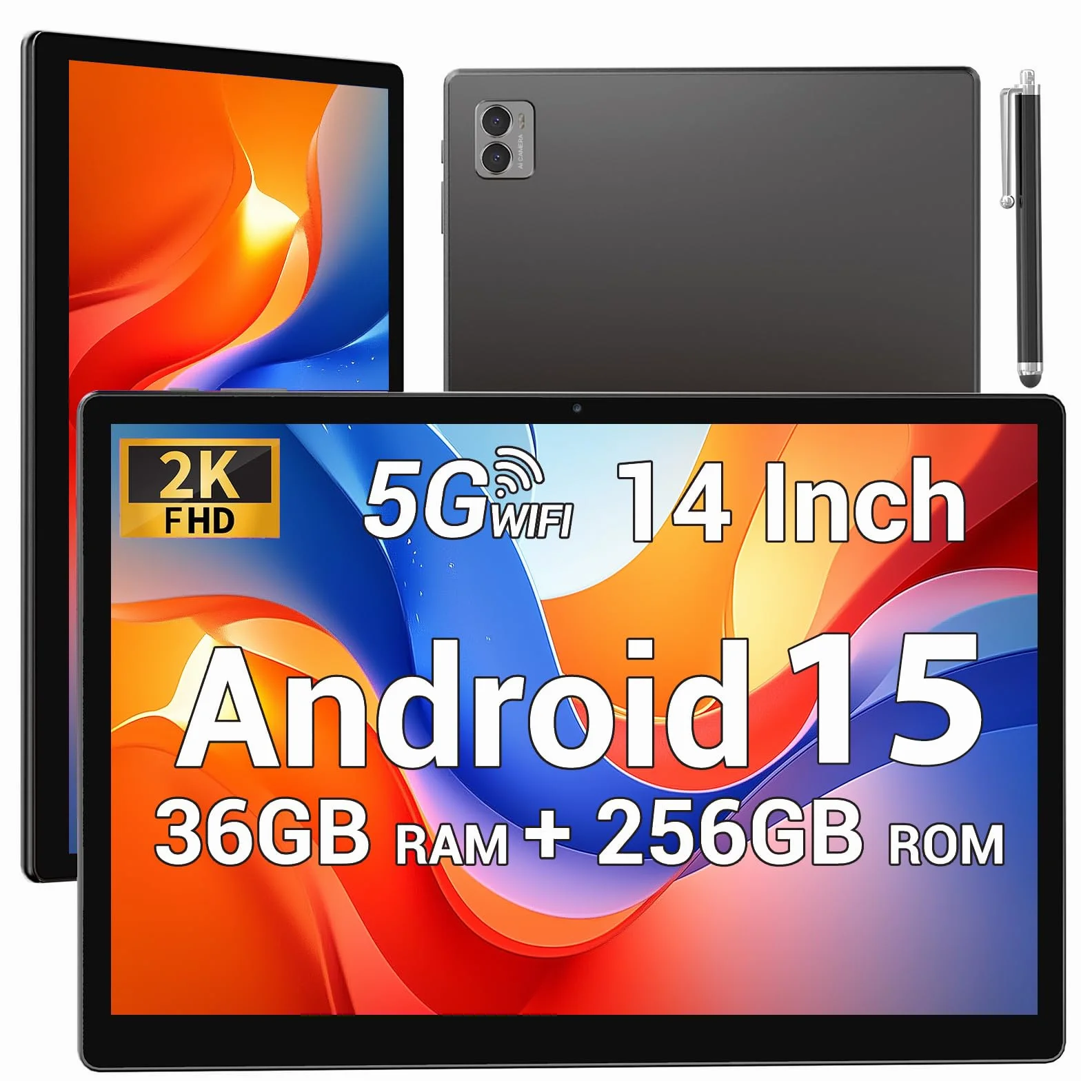 Tablet 14 Pulgadas Android 15 Tableta 5G WiFi,11580mAh y 20W,36GB RAM+256GB ROM/2000 * 1200 incell FHD/Face ID/GPS/BT 5.0/TÜV/USB-C,Tablet con Lapiz,Gris