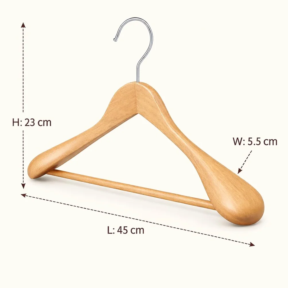 Wooden Wide Clothes Hanger, Natural Wood, Non-Slip, Pack of 18, Extra Wide Shoulders, Trouser Bars, 45 x 23 x 5.5 cm