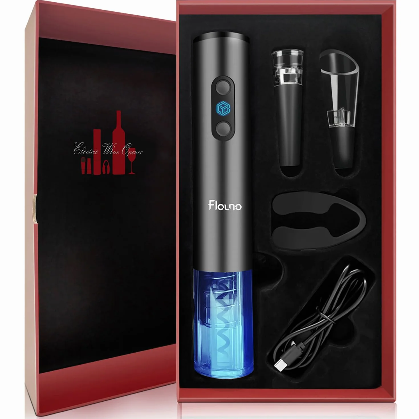 Flauno Sacacorchos Eléctrico 6 en 1 Recargable con Abridor de Vino, Corta Cápsulas, Vertedor y Tapón