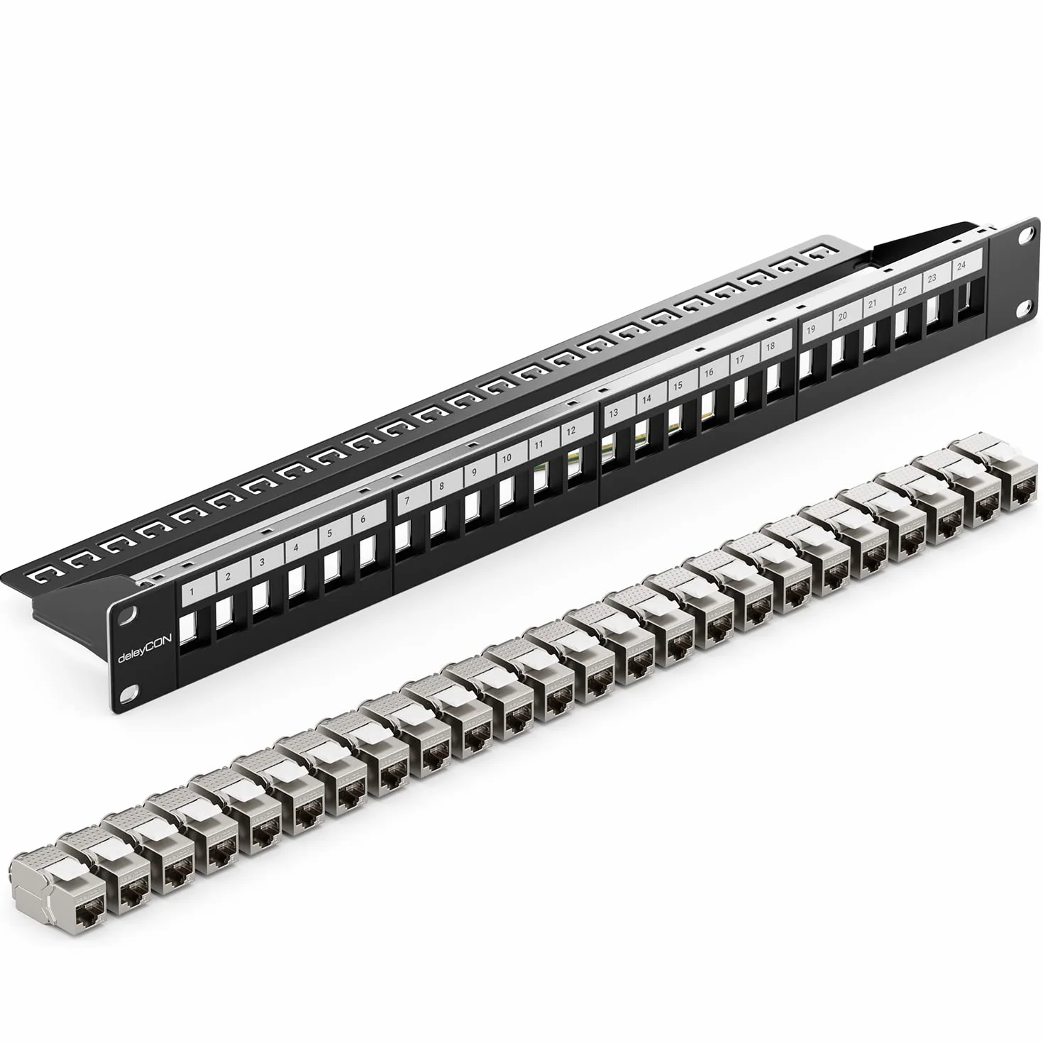 deleyCON 24 Puerto Panel de Parches Conjunto Modular 1 HE 19" Pulgadas Instalación en Rack + 24 Módulos RJ45 Keystone CAT6a Compatible con CAT5 CAT6 CAT7 LAN Cables de Red Cables de Descarga Negro