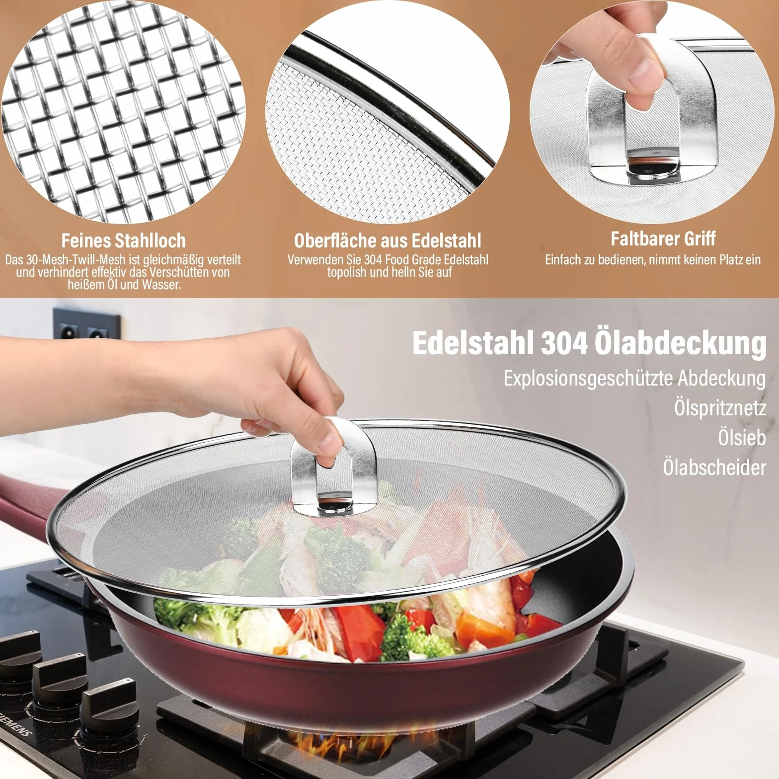 Protector Salpicaduras de Acero Inoxidable 33cm 29cm 25cm Tapa Antisalpicaduras Cocina