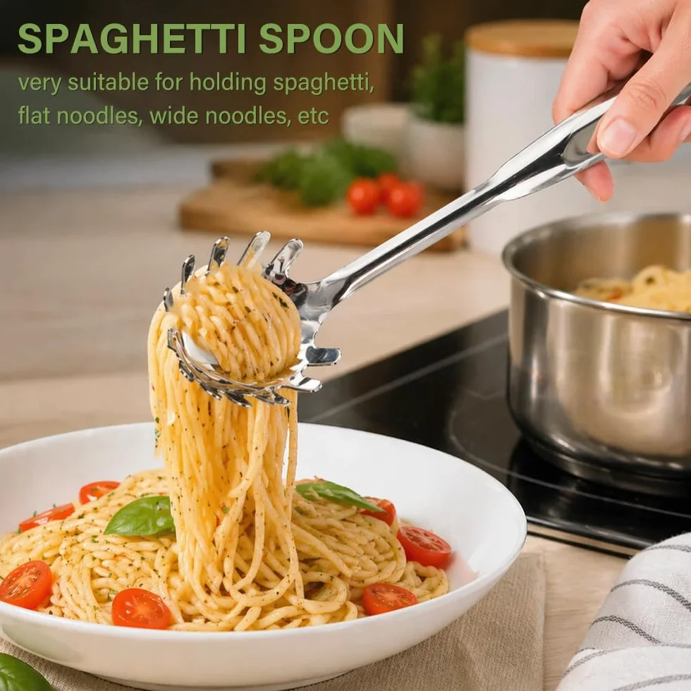 YunBey Juego de Utensilios para Pasta de Acero Inoxidable 304, Pinza para Espaguetis, Cuchara y Espumadera