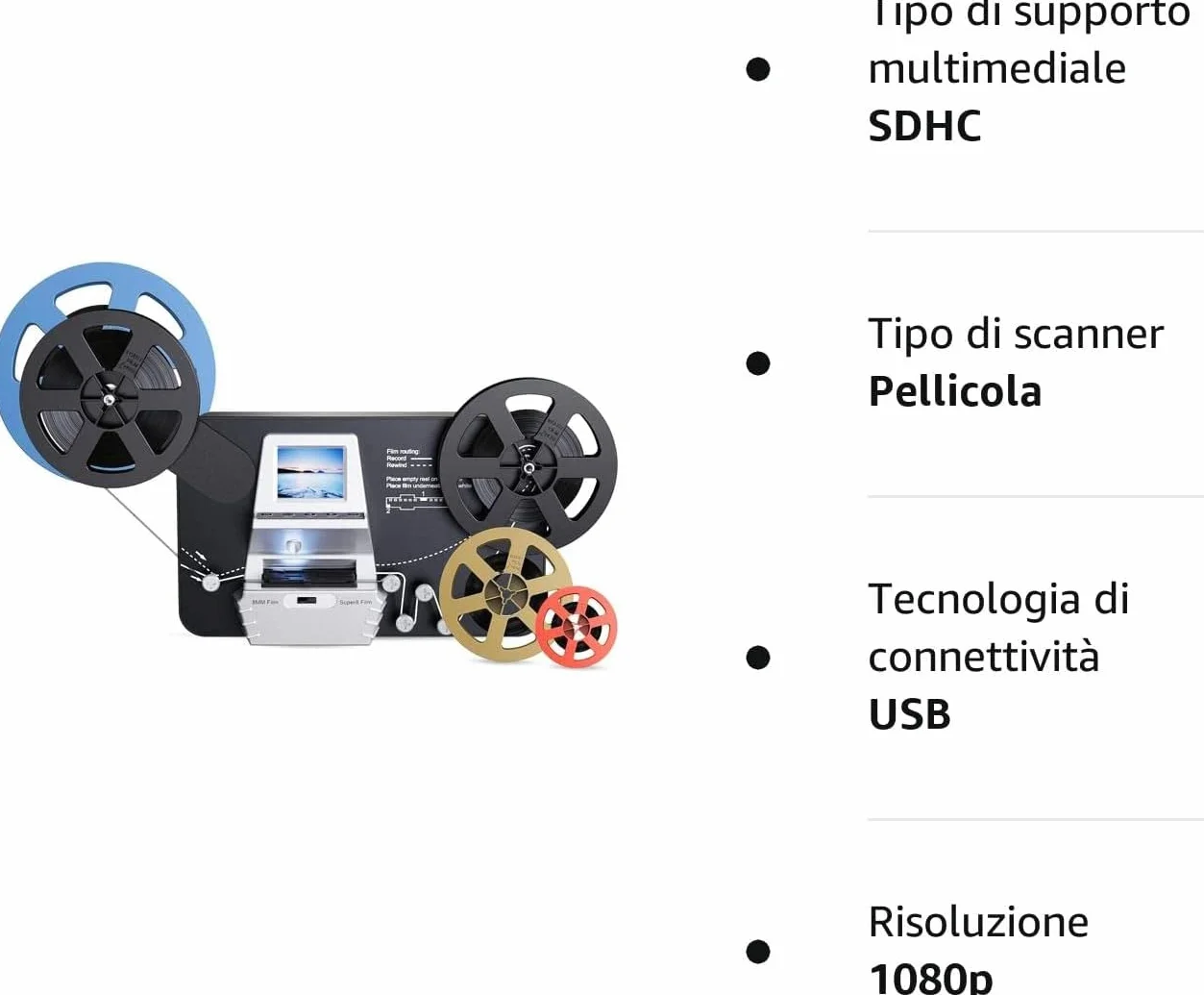 Escáner de películas Super 8/Normal 8 mm, Convert Film into Digital Video (3, 5, 7 y 9 "Rollo de película) Escáner y Digitalizador de películas con LCD de 2,4", 1080P y tarjeta SD de 32 GB