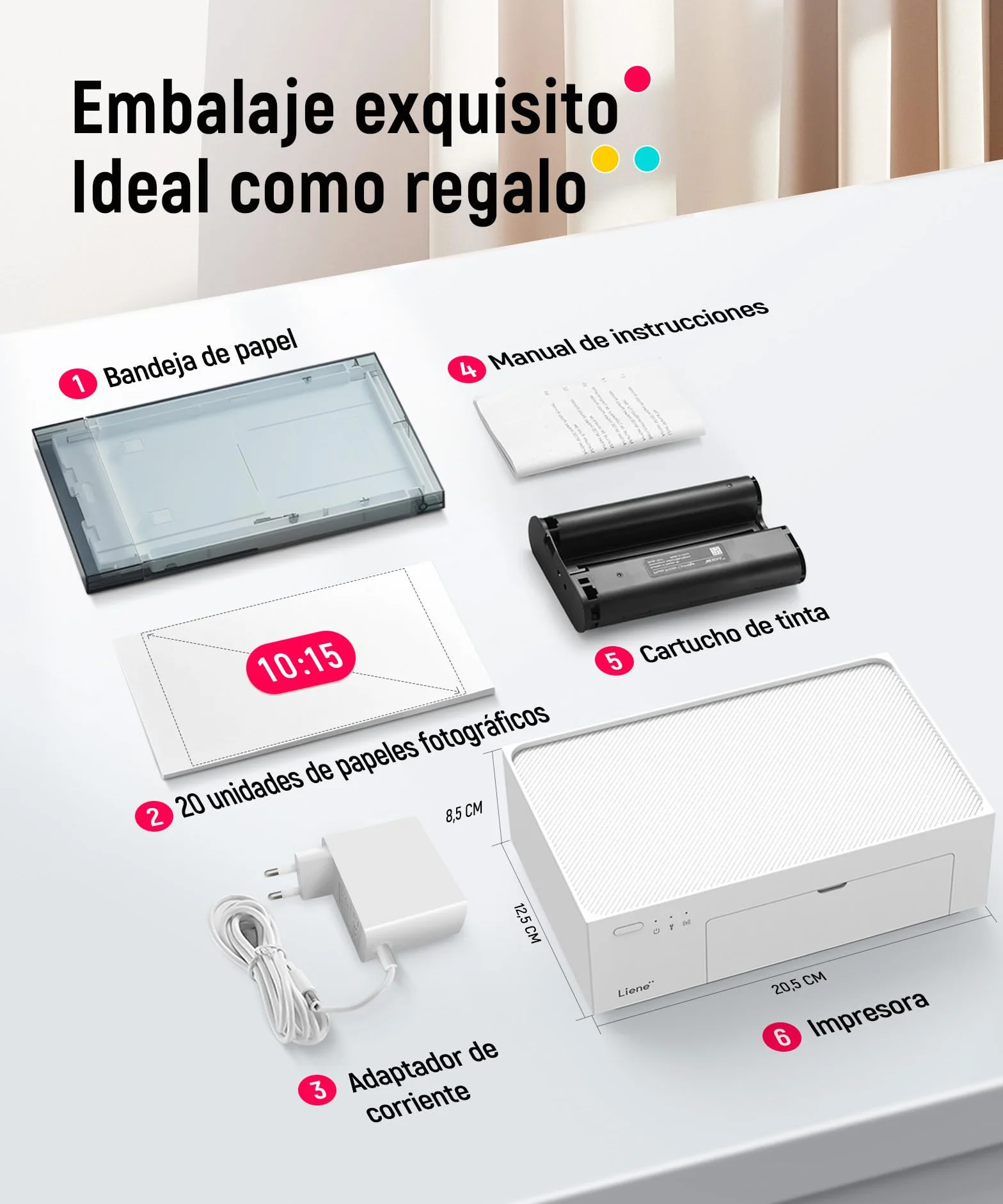 Liene Amber M100 Impresora Fotográfica, 10 X 15 WiFi Impresora Fotográfica Instantánea para PC/iPhone/Android, con 20 Papeles Fotográficos/Cartucho, Impresión a Sublimación, 300DPI, Impresora Móvil