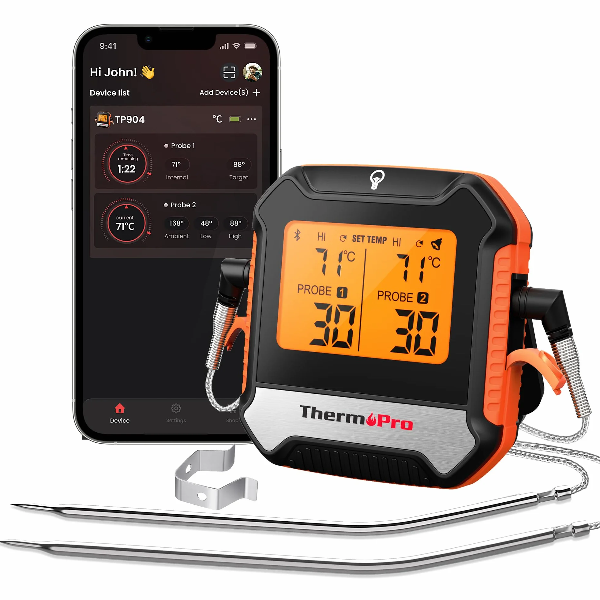 ThermoPro TempPro TP904 Termómetro Digital Para Carne, Control Remoto Bluetooth Termómetro de Cocina Recargable con Aplicación Inteligente, Sondas de Temperatura Duales Aptas Para Alimentos Para Horno