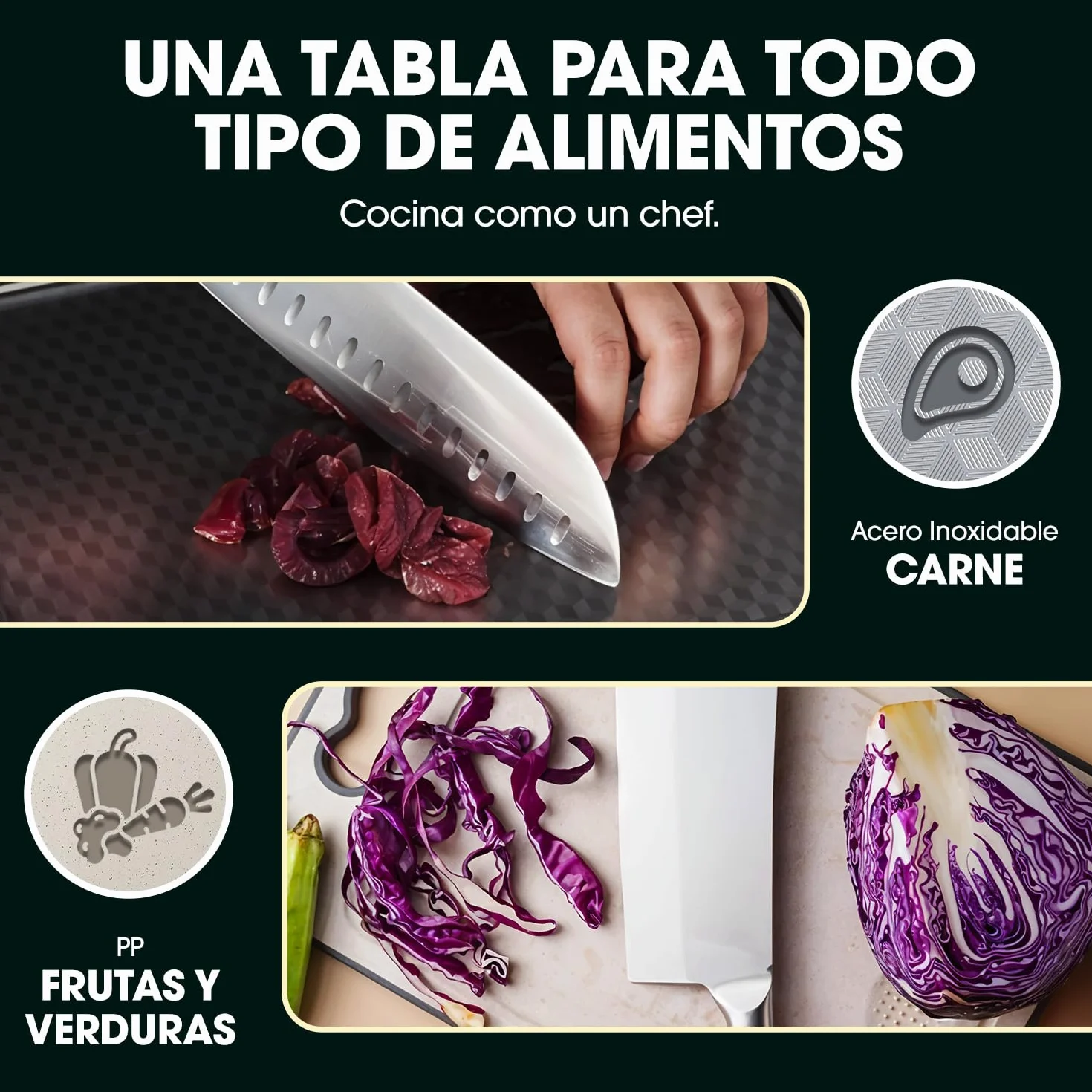 Tabla de Cortar Acero Inoxidable 36x25 cm - Doble Cara Antibacteriana para Carne y Verduras