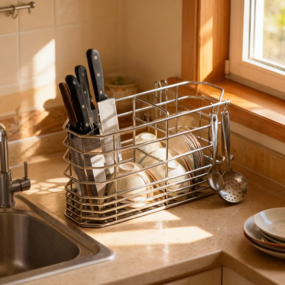 Escurridor de cubiertos y platos para encimera de cocina plateado
