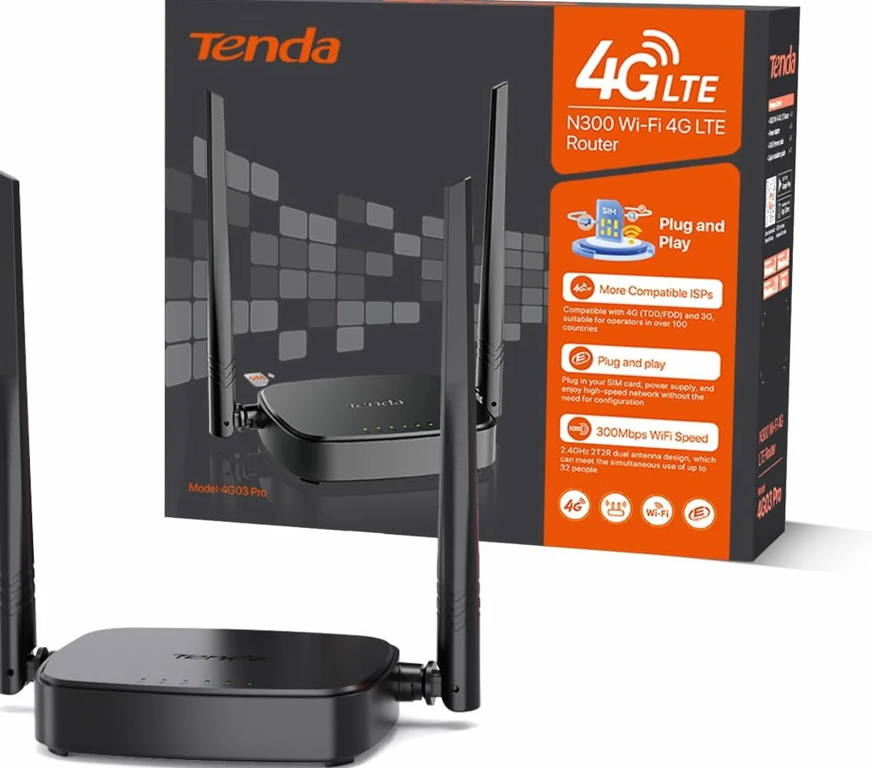 Tenda 4G03 Pro - Router 4G SIM, Wireless LTE CAT4, Router 4G con Tarjeta SIM Velocidad hasta 300Mbps, Plug&Play, LAN/WAN Ethernet Port, Charge with Powe Bank, Compatible con múltiples operadores