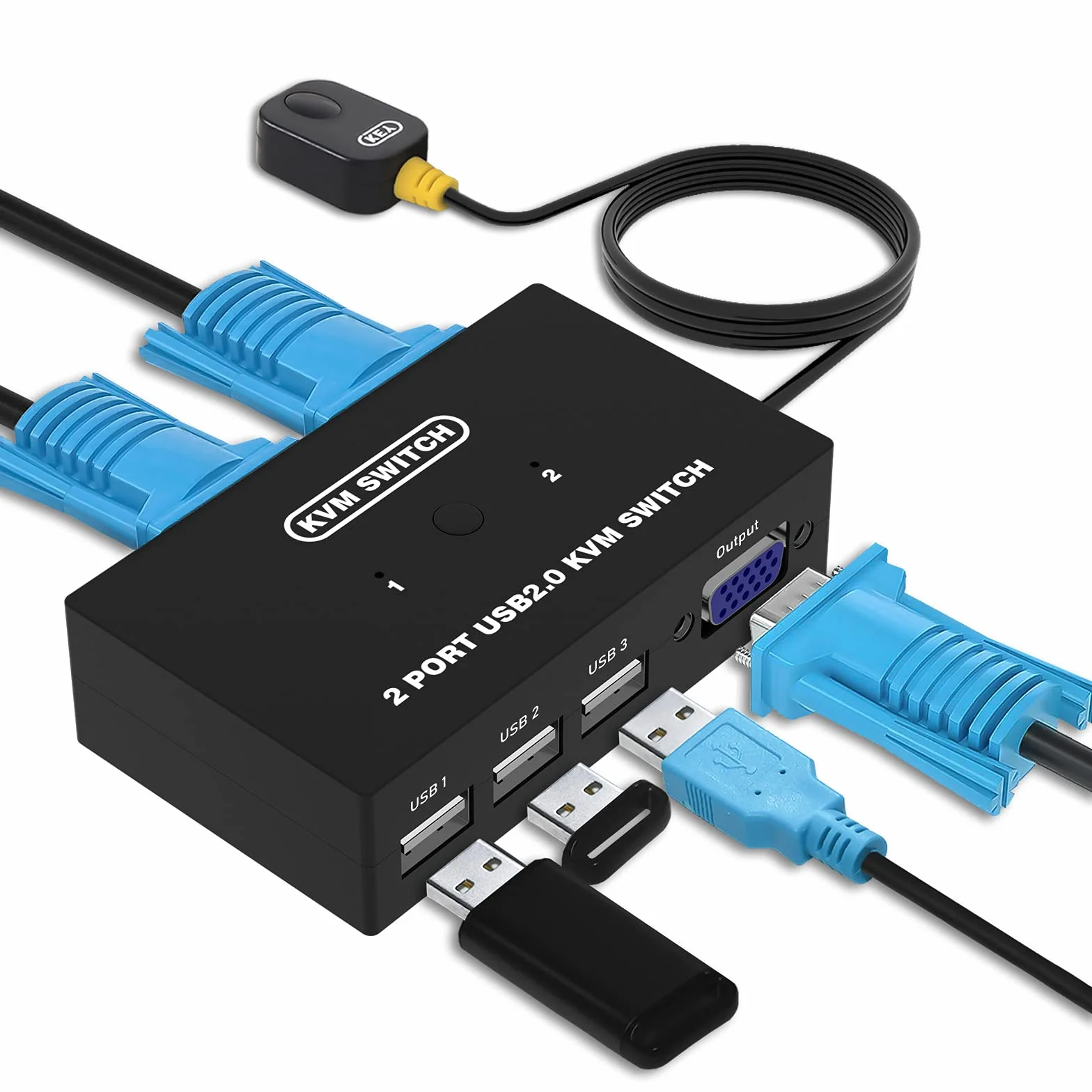 VGA KVM Switch, USB y VGA Conmutador para 2 PCs un Monitor de Video de 1 Piezas y 3 Dispositivos USB, para Compartir Ratón, Teclado, Impresoras, Escáner, Incluye 2 Cables KVM