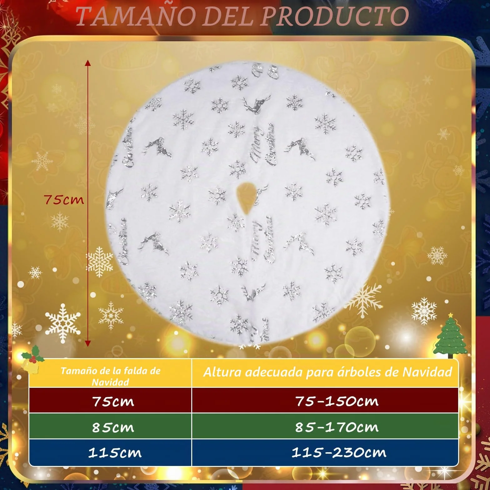 Falda Árbol de Navidad Blanco 75cm Alfombra Blanca con Alce Plateado Copo de Nieve Lentejuelas